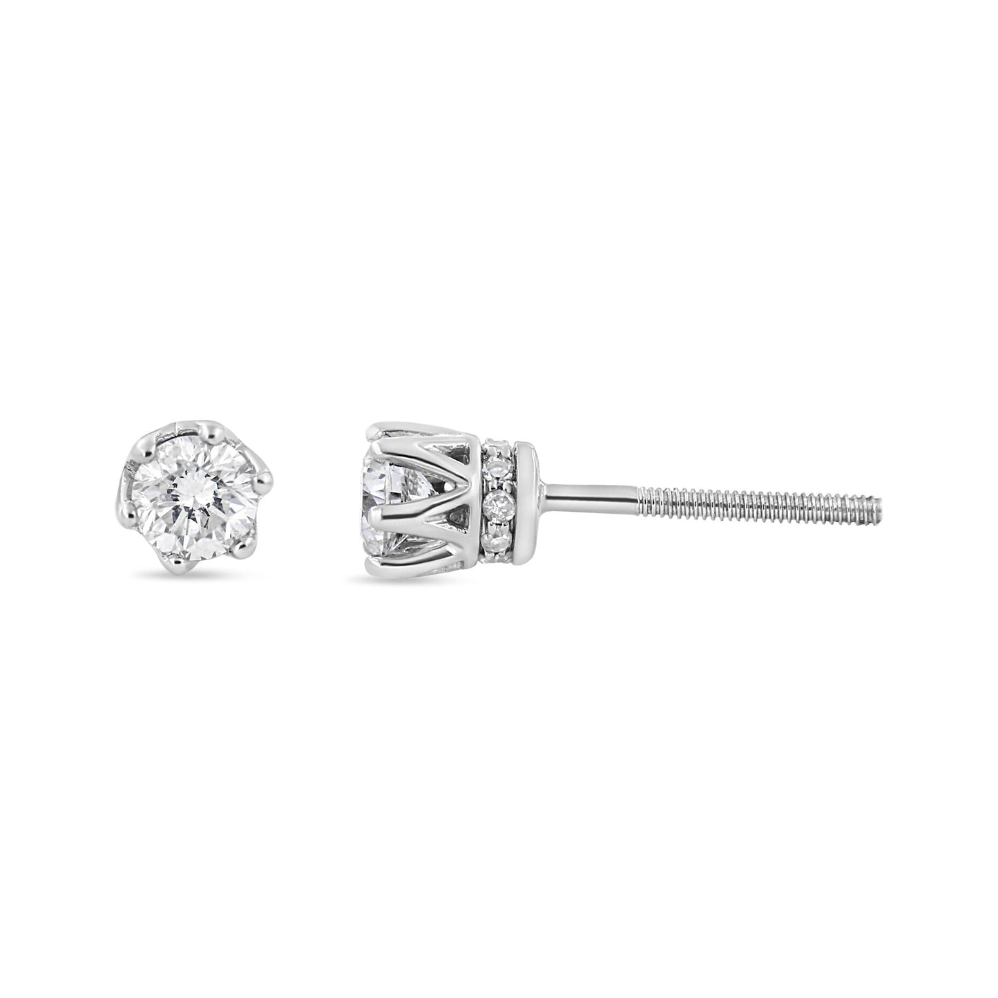 14K White Gold 1/2 Cttw Round Diamond 6 Prong Crown Stud Earrings (I-J Color, I1-I2 Clarity)