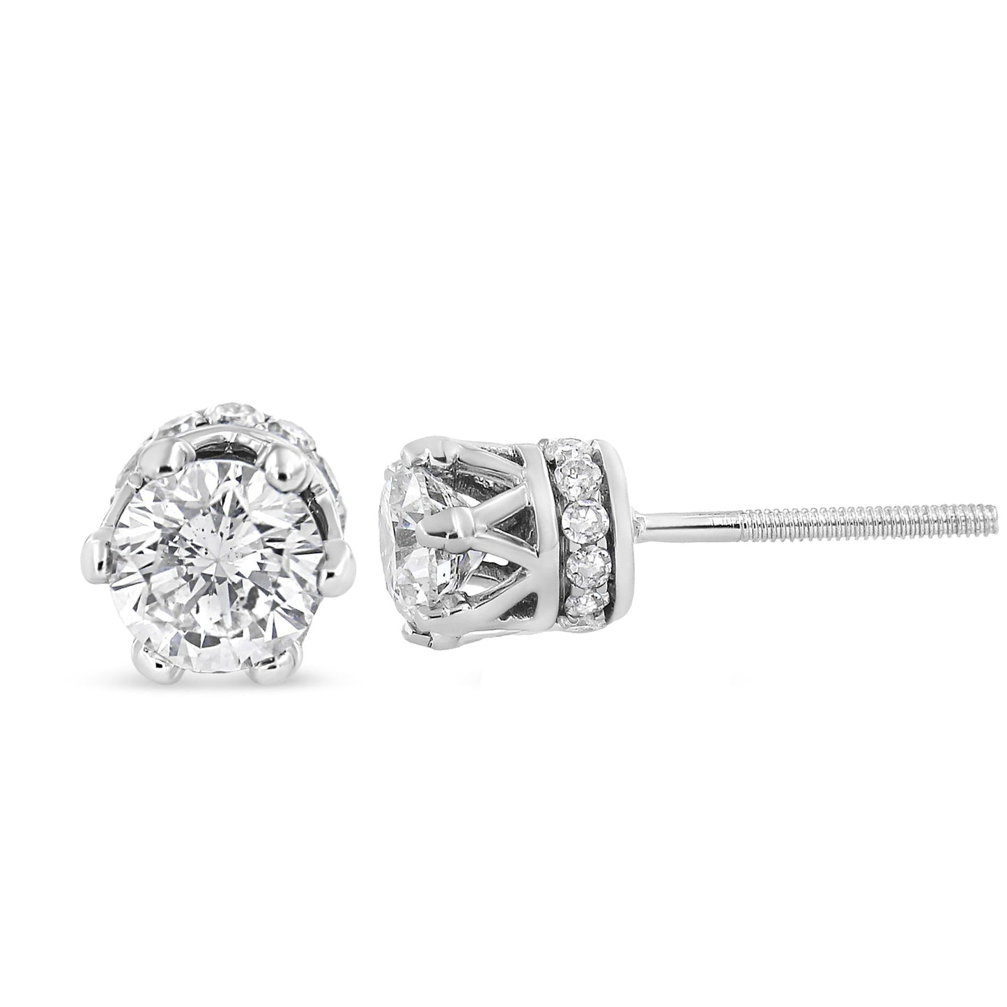 14K White Gold 1.0 Cttw Round Cut Prong-Set Diamond Crown Stud Earring (I-J Color, I1-I2 Clarity)