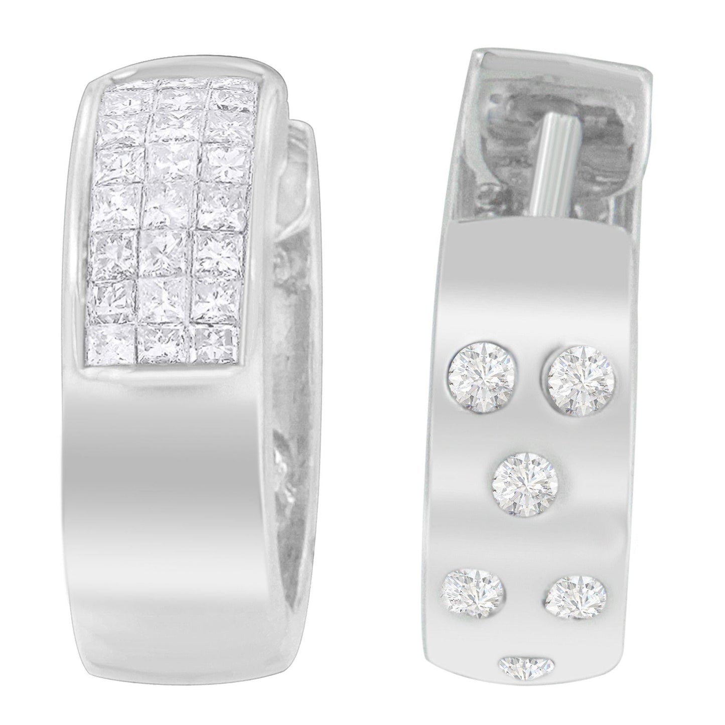 14K White Gold 1 1/8 cttw Princess and Round Cut Diamond Huggie Earrings (H-I, VS1-VS2)