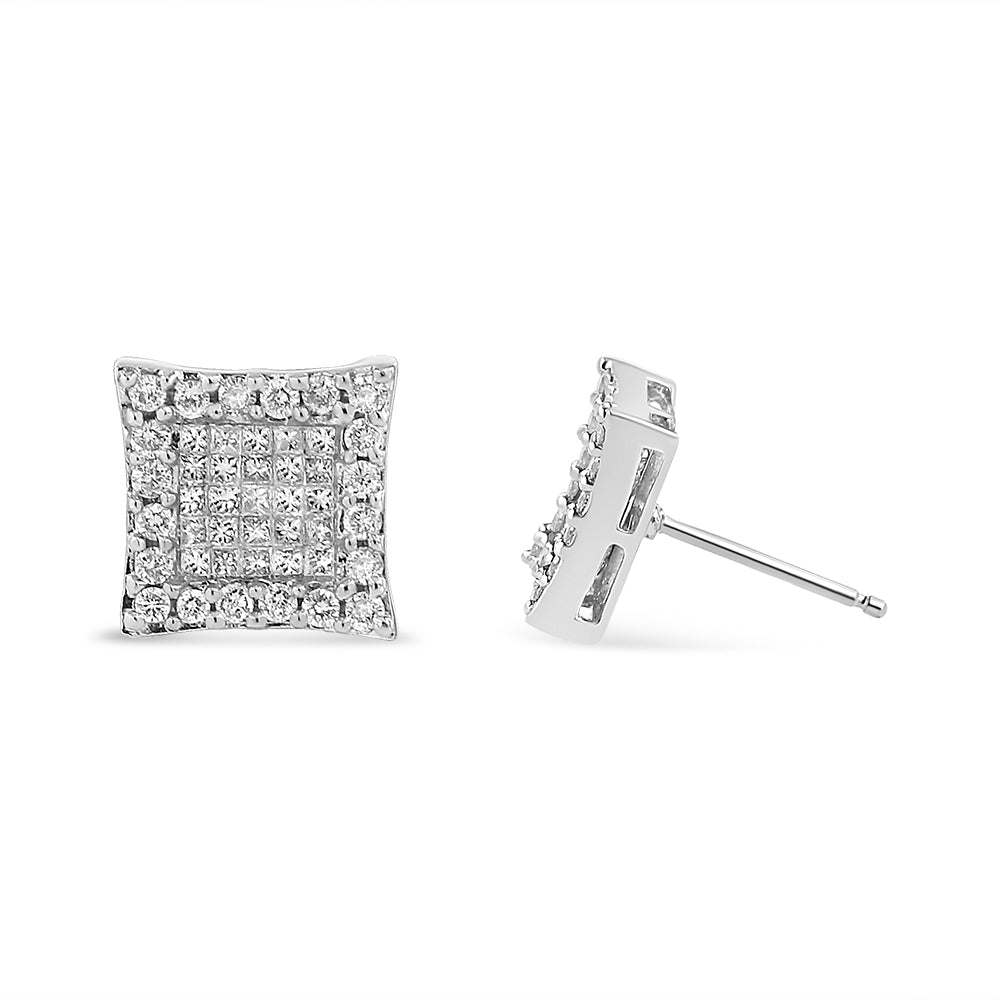 18K White Gold 1.00 Cttw Round and Princess-Cut Diamond Halo Square Stud Earring (G-H Color, SI1-SI2 Clarity)