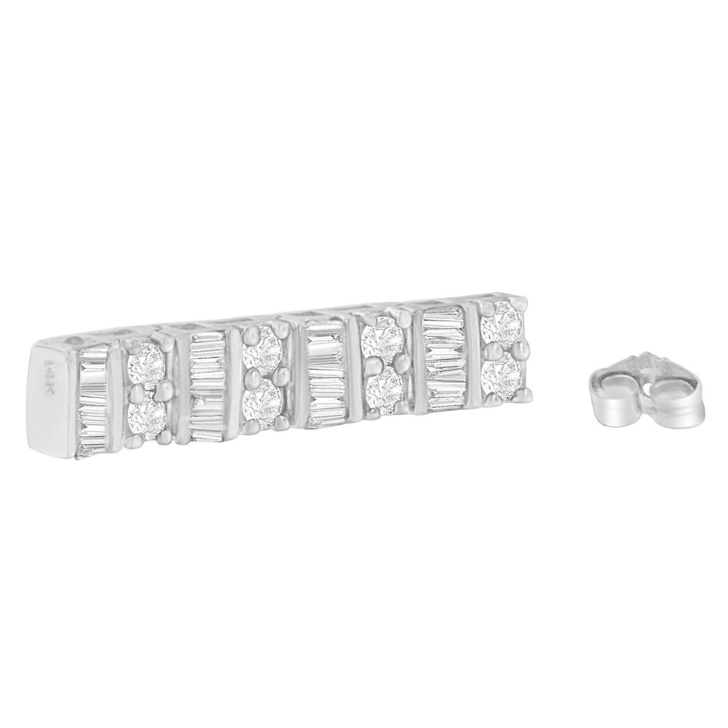 14K White Gold 1 1/3 cttw Round And Baguette Cut Diamond Earrings (H-I, SI2-I1)