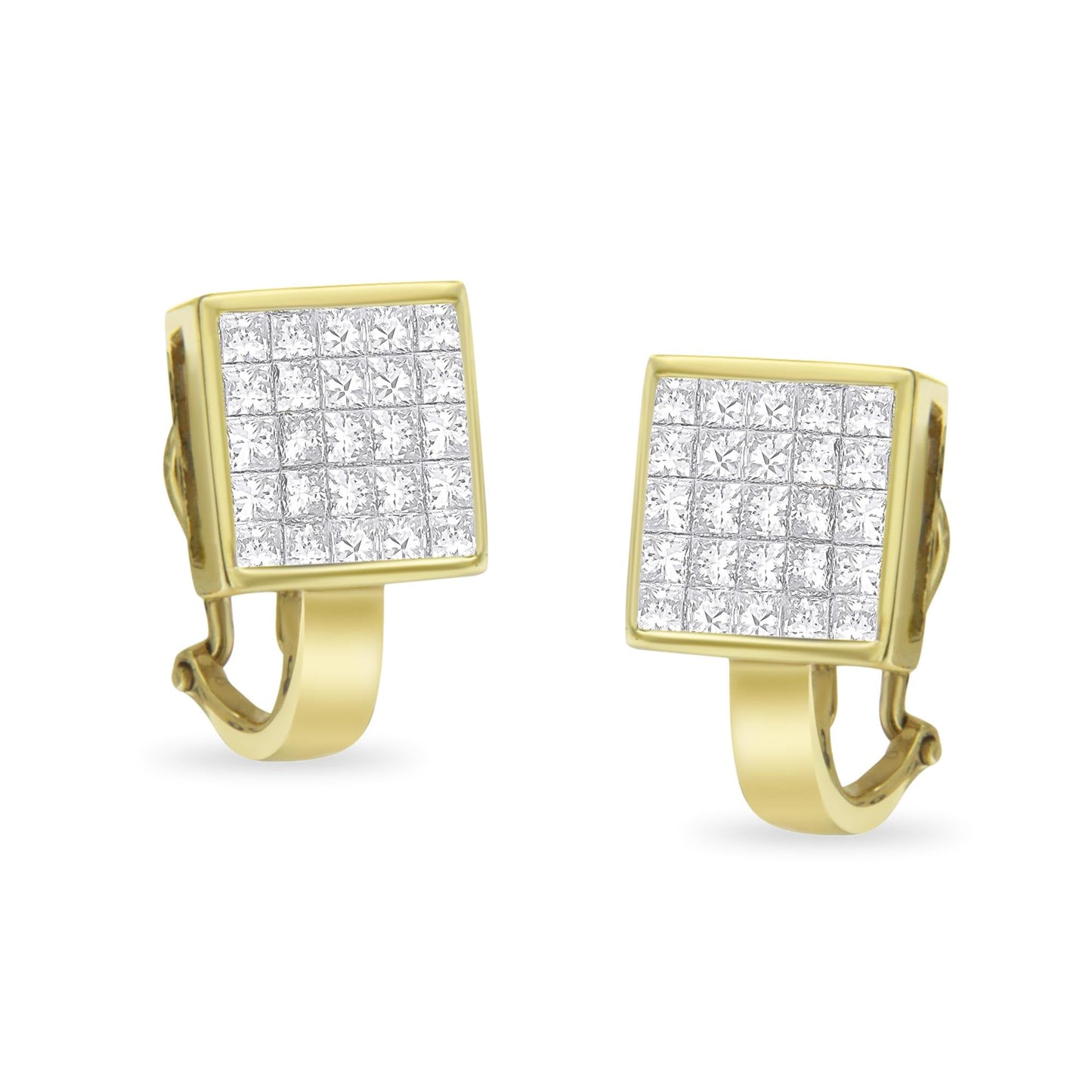 14K Yellow Gold 3-1/5 Cttw Princess Cut Diamond ¾ Square Invisible Set Grid Huggy Style Omega Back Stud Earrings (G-H Color, VS1-VS2 Clarity)