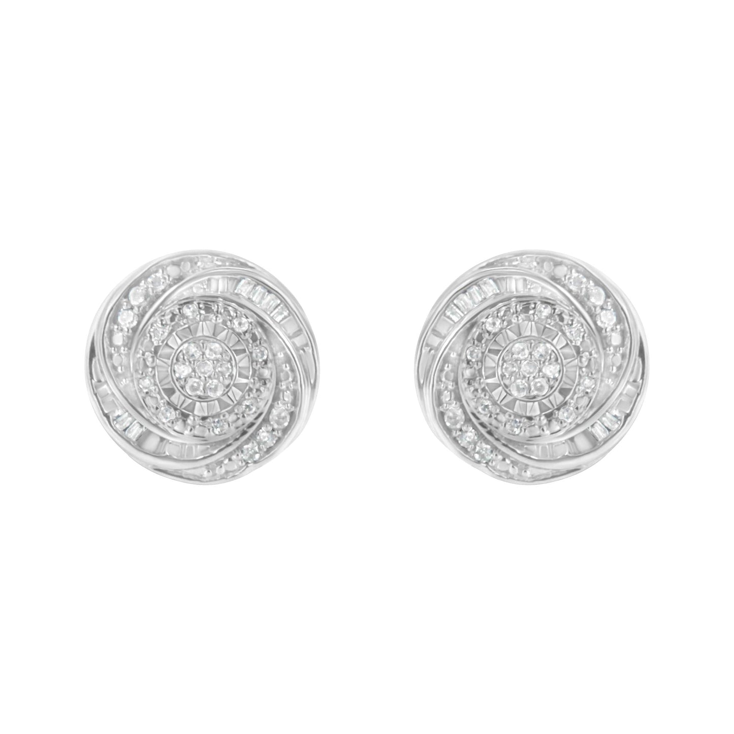 .925 Sterling Silver 1/4 Cttw Baguette and Round Diamond Swirl Love Knot Stud Earrings (I-J Color, I3 Clarity)