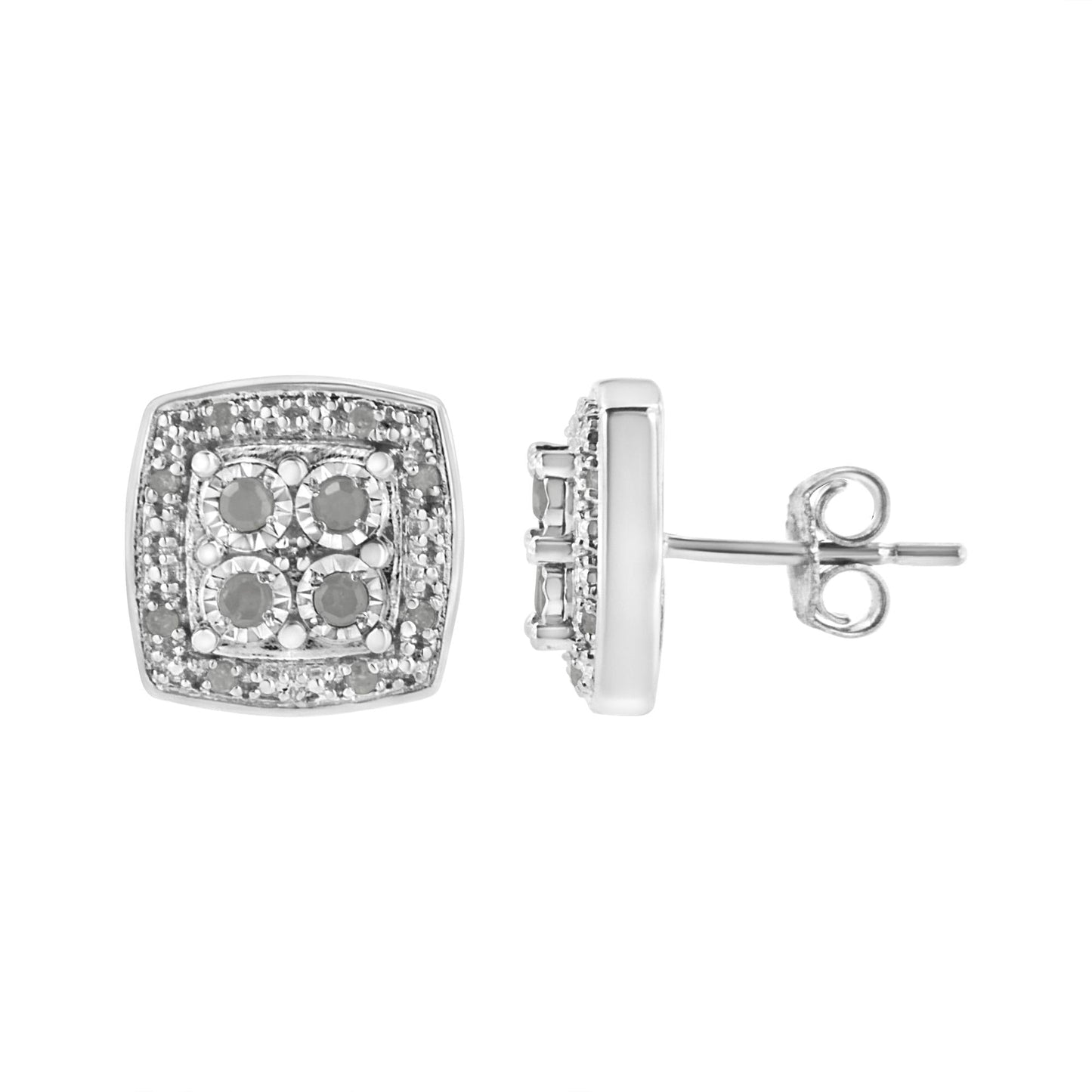 .925 Sterling Silver 1/4 cttw Round Cut Diamond Square Shape Milgrain Stud Earrings (I-J Color, I3 Clarity)