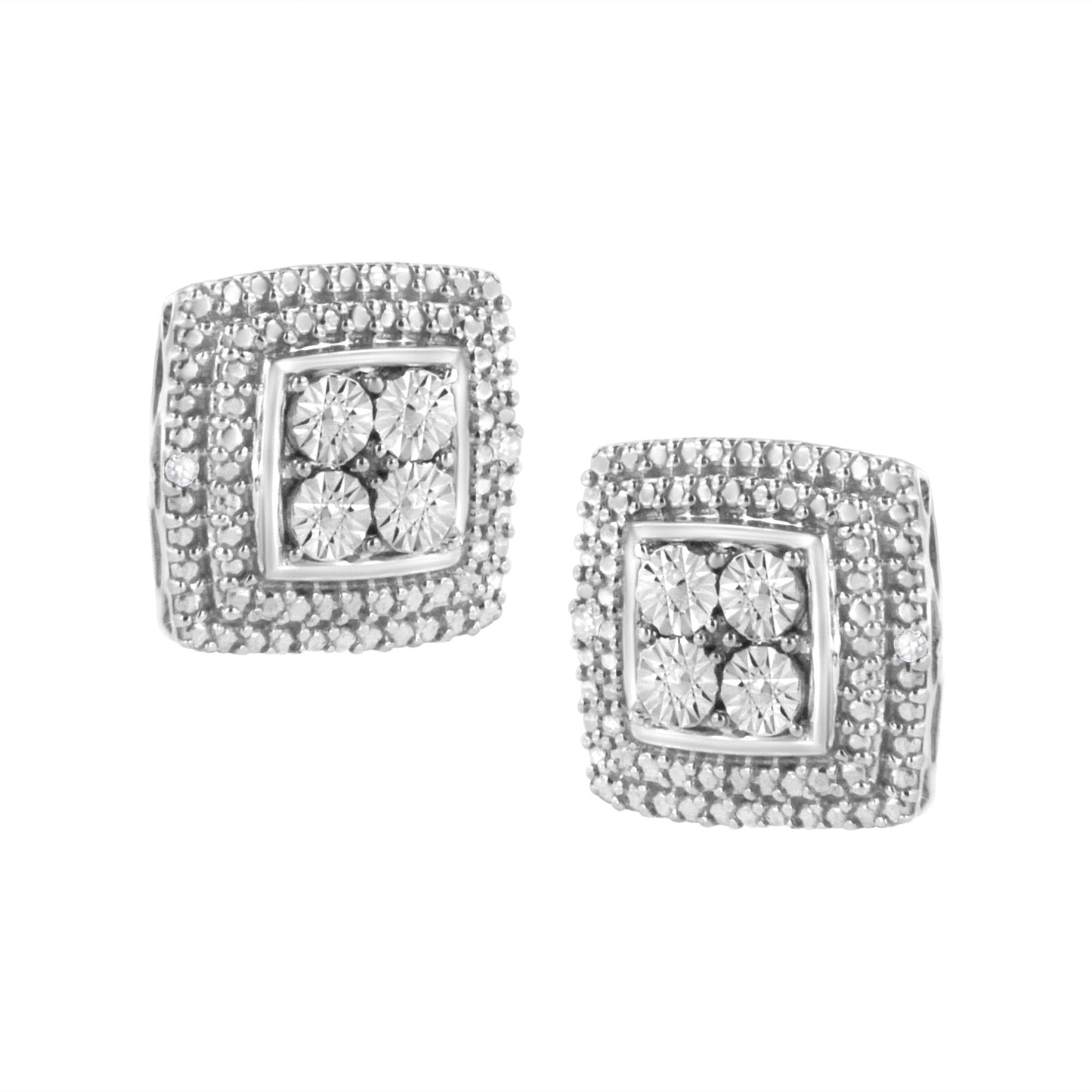 .925 Sterling Silver Diamond Accented Square Shaped Milgrain Stud Earrings (I-J Clarity, I3 Color)