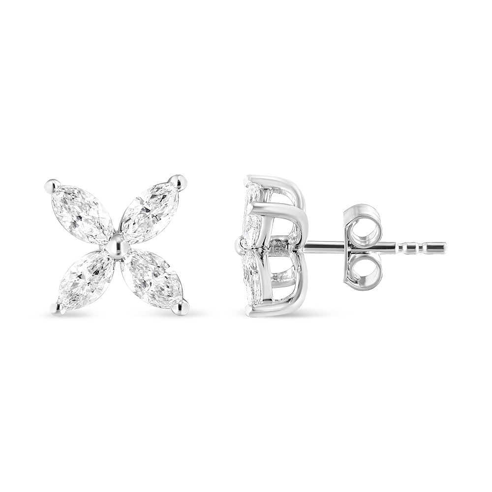 14K White Gold 1.0 Cttw Marquise Diamond 8 Stone Floral Leaf Stud Earrings (H-I Color, SI2-I1 Clarity)