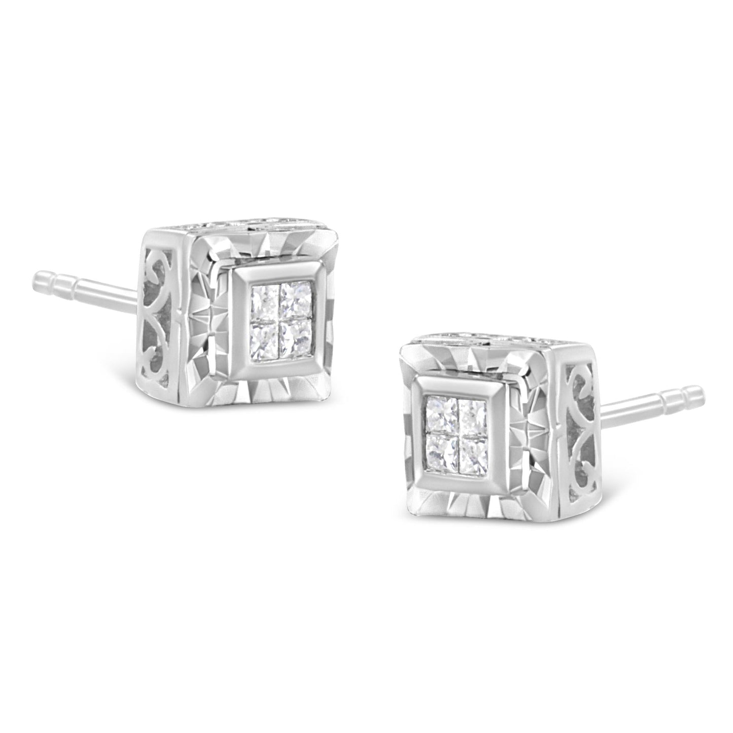 .925 Sterling Silver 1/6 Cttw Invisible Set Princess-Cut Diamond Quad Composite Stud Earrings (H-I Color, I1-I2 Clarity)