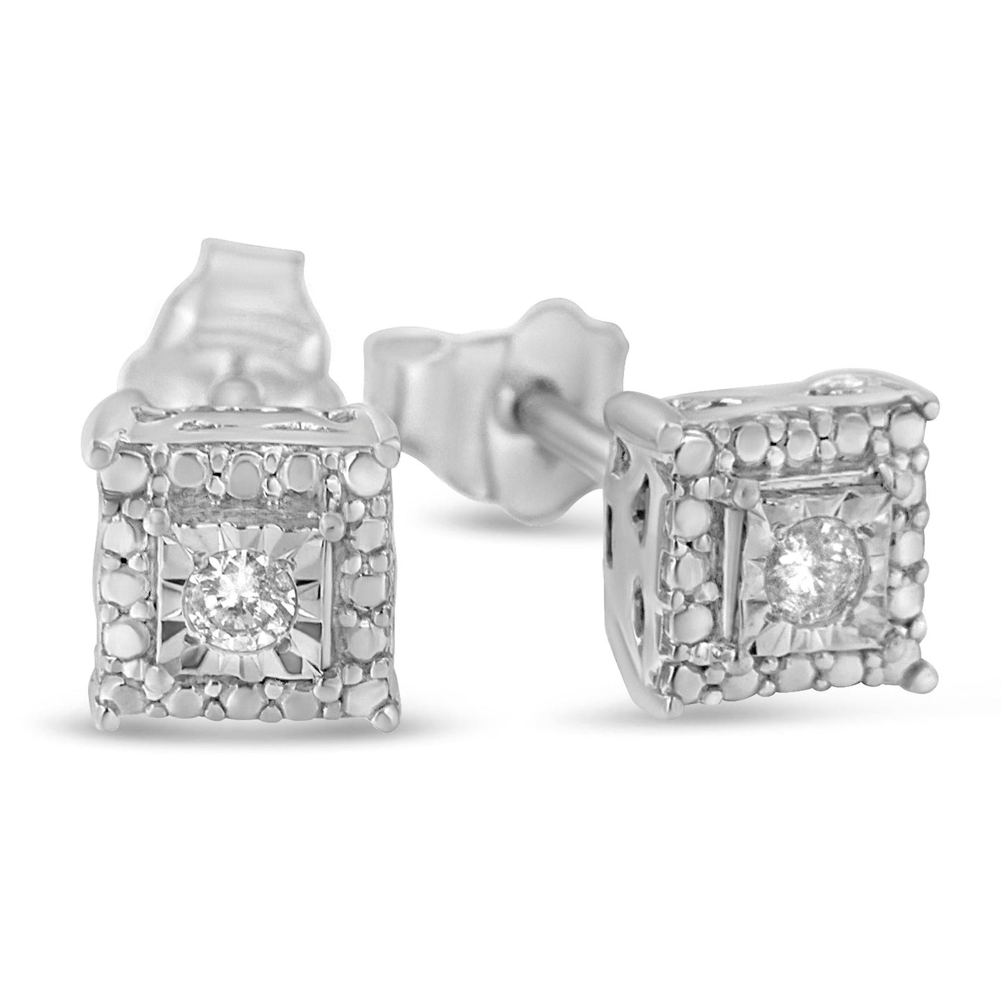 .925 Sterling Silver 1/10 Cttw Round Brilliant-Cut Near Colorless Diamond Miracle-Set Beaded Square Stud Earrings (H-I Color, I2-I3 Clarity)