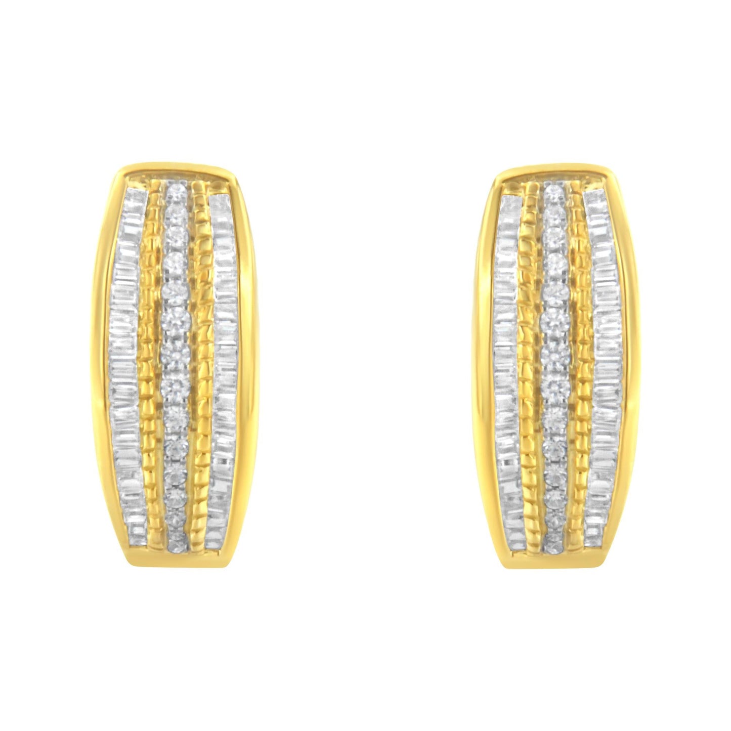 10K Yellow Gold 3/4 Cttw Pave and Channel Set Diamond Triple Row Modern Hoop Earrings (I-J Color, I2-I3 Clarity)