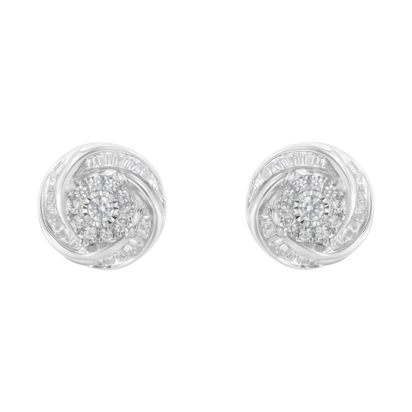 .925 Sterling Silver 3/4 Cttw Round and Baguette-Cut Diamond Love Knot Stud Earring (I-J Color, I2-I3 Clarity)