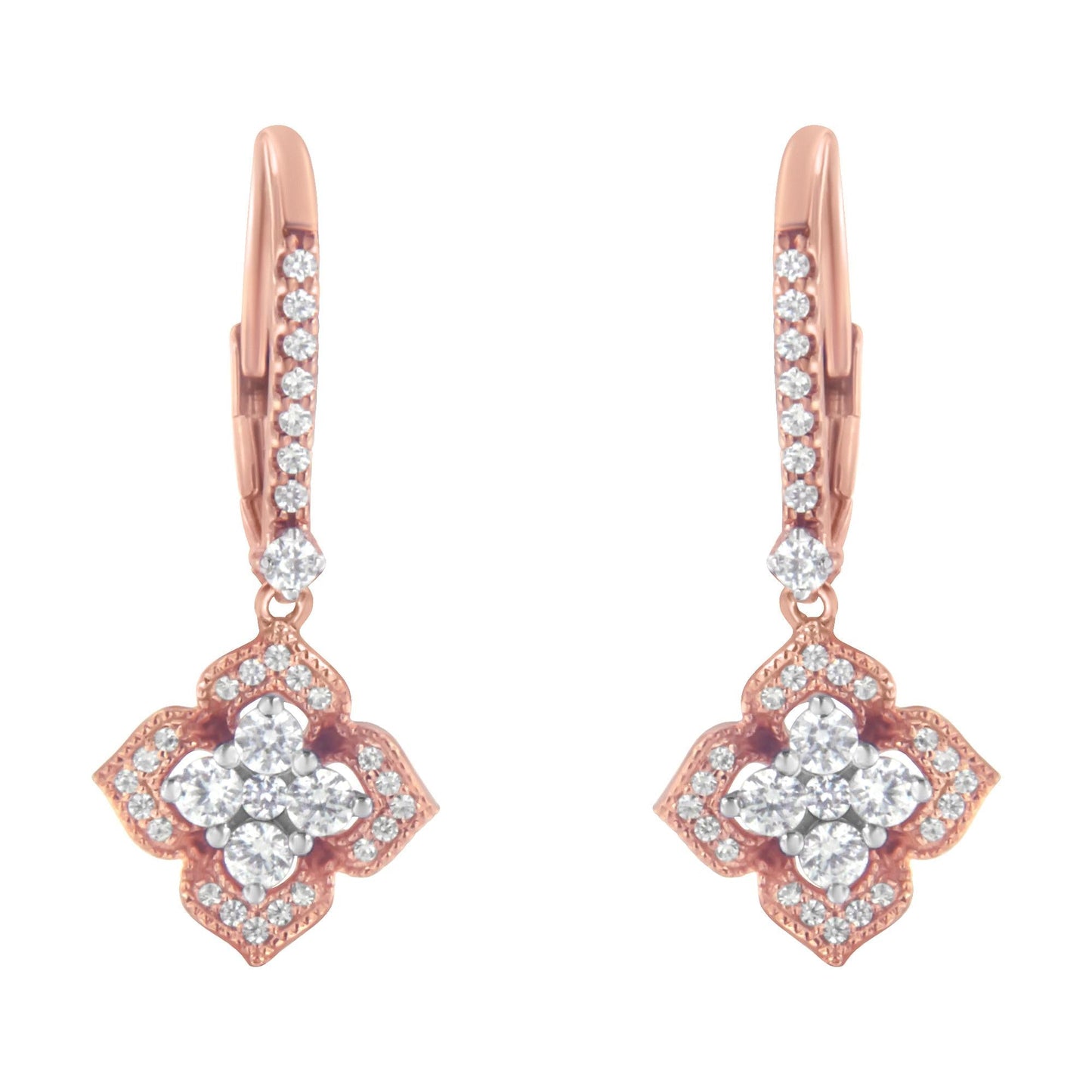 10K Rose Gold 3/4 Cttw Diamond Flower Drop Dangle Earring (I-J Color, I1-I2 Clarity)