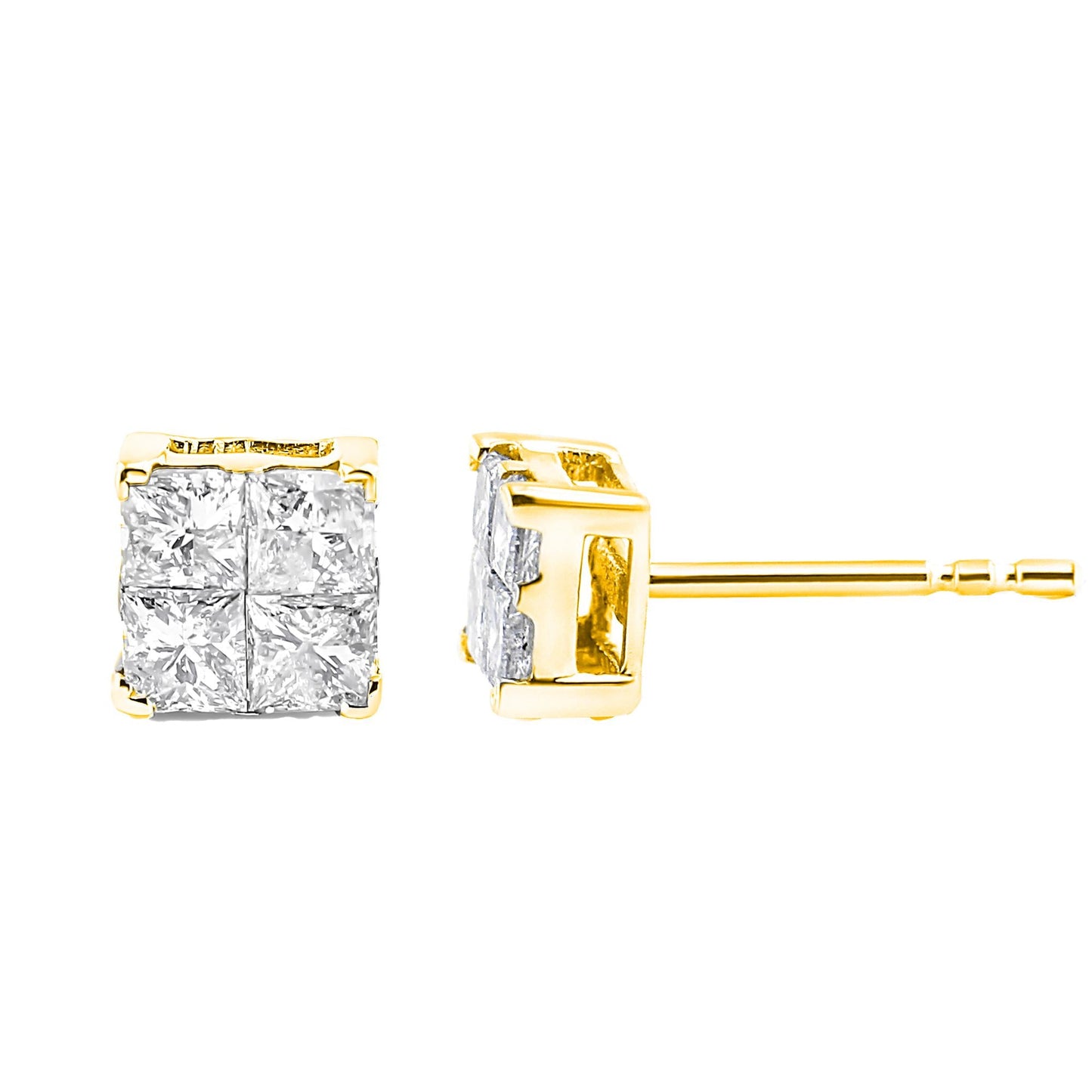 10K Yellow Gold Plated .925 Sterling Silver 1.0 Cttw Princess-Cut Diamond Composite Multi Stone Stud Earrings (J-K Color, SI2-I1 Clarity)