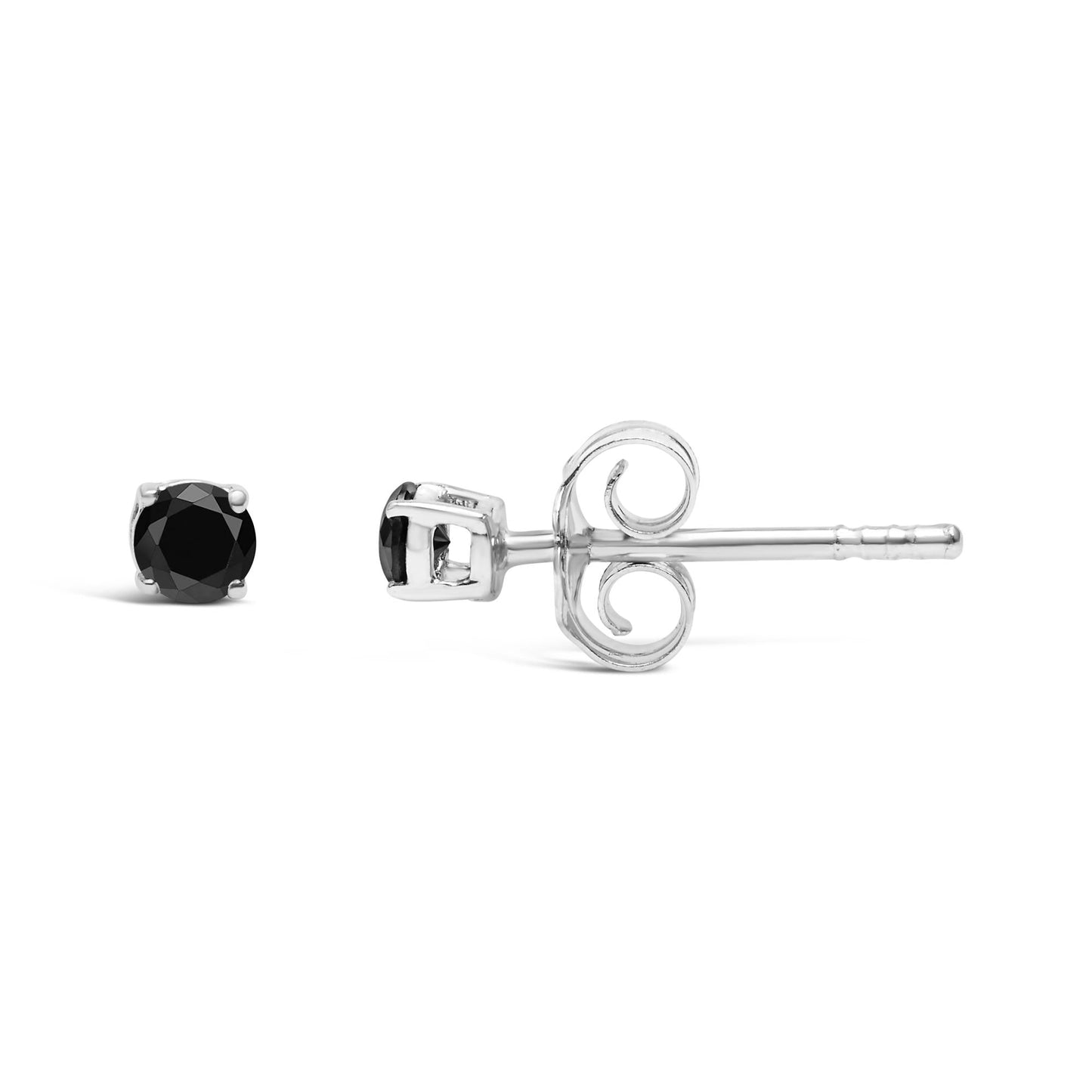 .925 Sterling Silver Black Diamond Solitaire Stud Earrings (Black Color, I2-I3 Clarity)