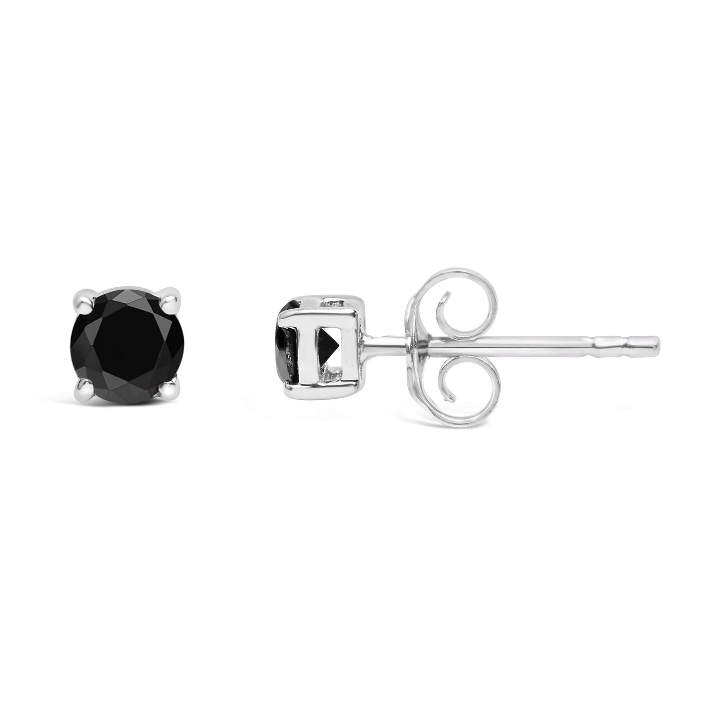 .925 Sterling Silver Black Diamond Solitaire Stud Earrings (Black Color, I2-I3 Clarity)