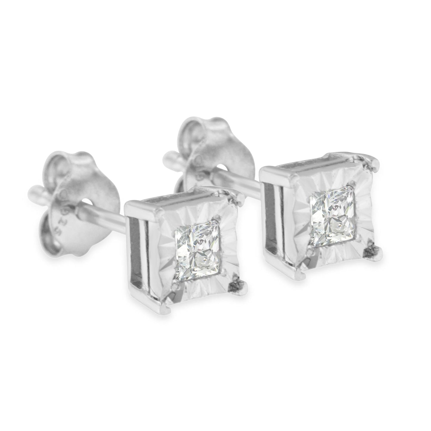 .925 Sterling Silver 1/4 Cttw Princess-Cut Square Near Colorless Diamond Solitaire Miracle-Plate Stud Earrings (H-I Color, I2-I3 Clarity)