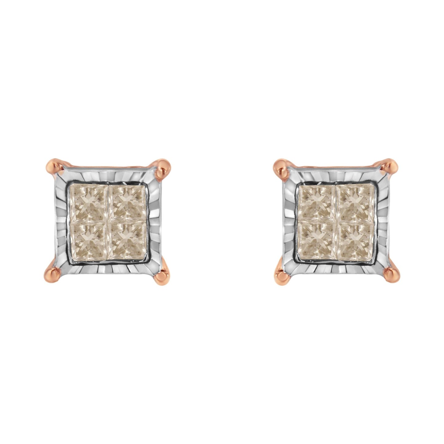 10K Two-Toned Princess-Cut Composite Diamond Stud Earrings (1/2 cttw, J-K Color, I1-I2 Clarity)