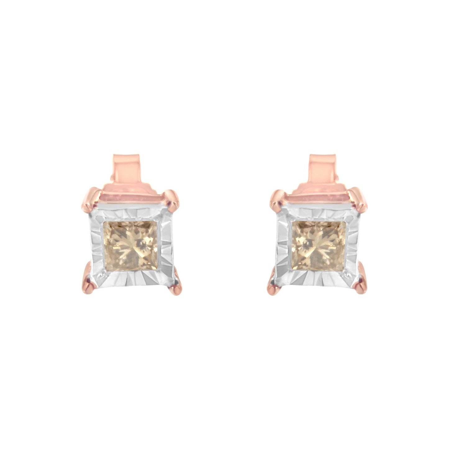 14K Rose Gold Plated Two-Tone .925 Sterling Silver 1/2 Cttw Princess-Cut Square Diamond Solitaire Miracle-Plate Stud Earrings (K-L Color, I2-I3 Clarity)