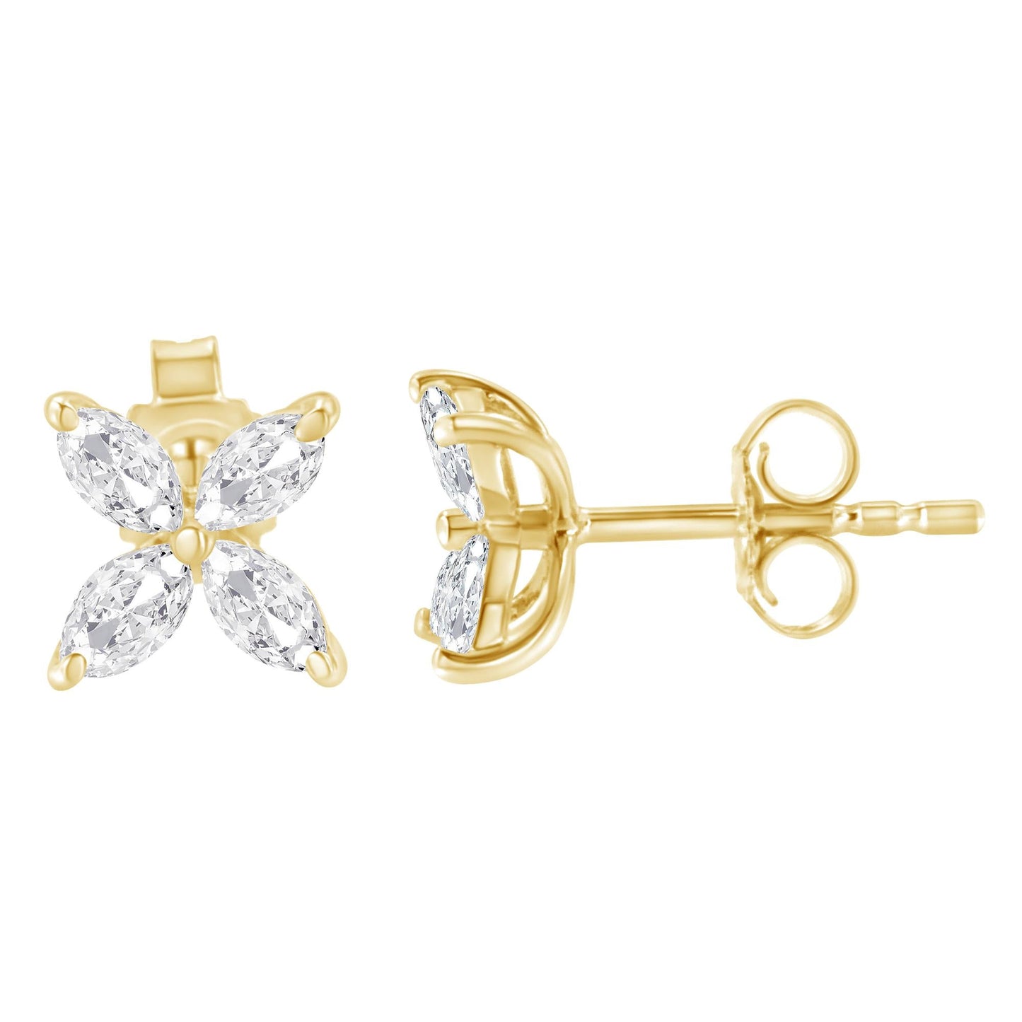 14K Gold Marquise Diamond 8 Stone Floral Leaf Stud Earrings (I-J Color, SI2-I1 Clarity)