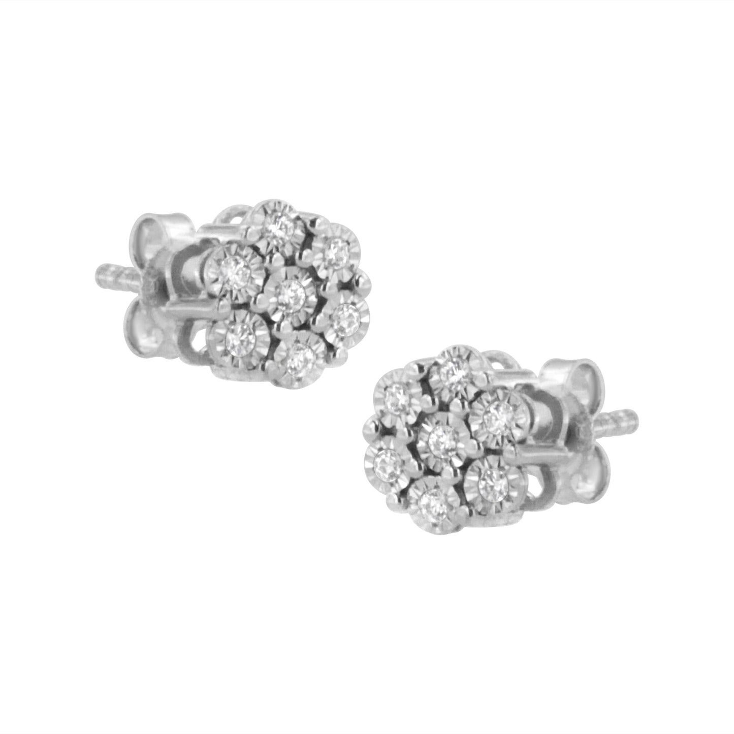 .925 Sterling Silver 1/10 Cttw Round-Cut Diamond Miracle-Set Floral Cluster Button Stud Earrings (I-J Color, I2-I3 Clarity)