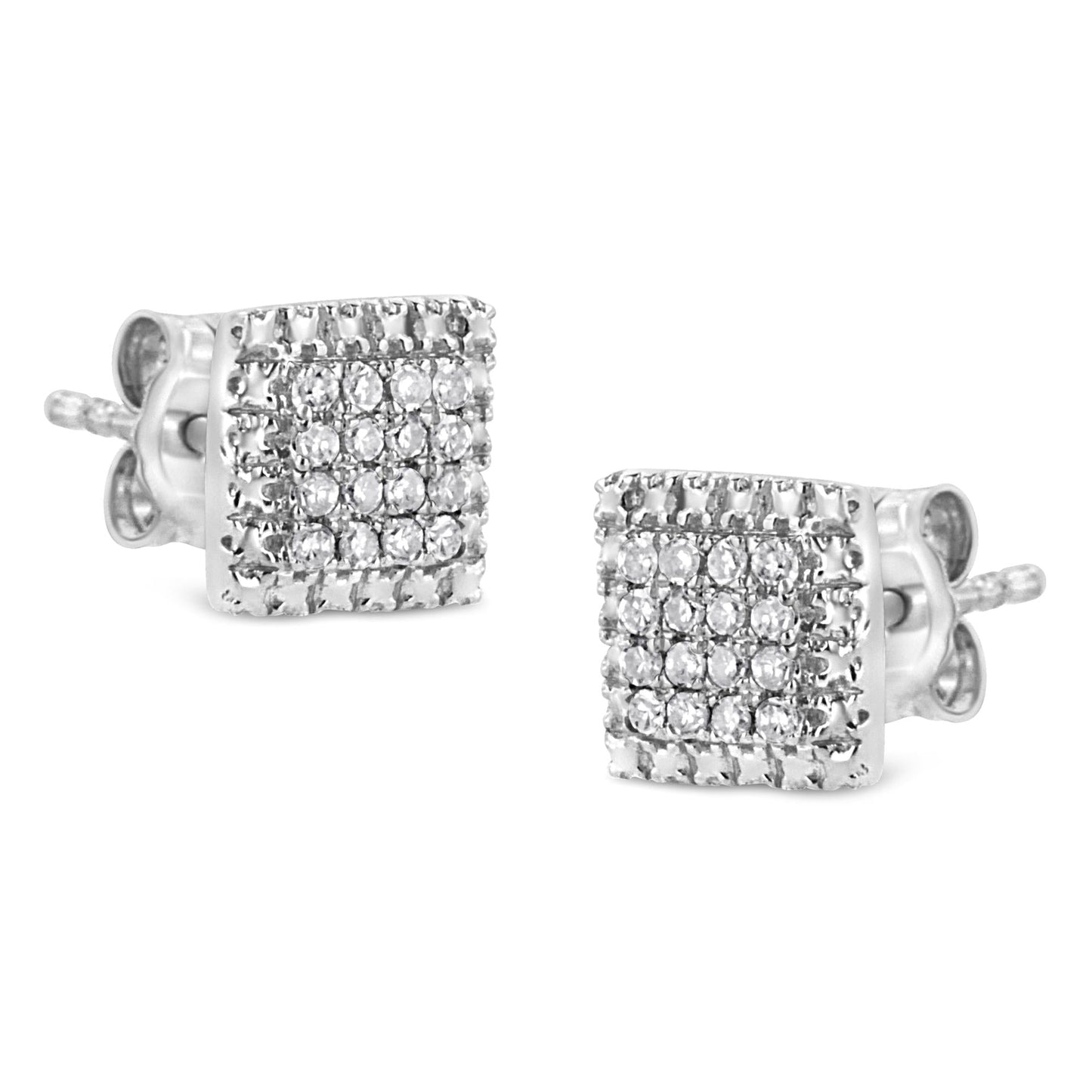 .925 Sterling Silver 1/6 Cttw Round-Cut Diamond Cluster Square Shaped Stud Earrings (I-J Color, I2-I3 Clarity)