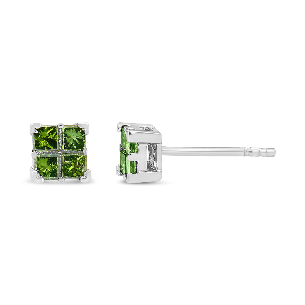 .925 Sterling Silver Treated Green Princess-cut Diamond 4 Stone Composite Quad Stud Earring (Green Color, I1-I2 Clarity)