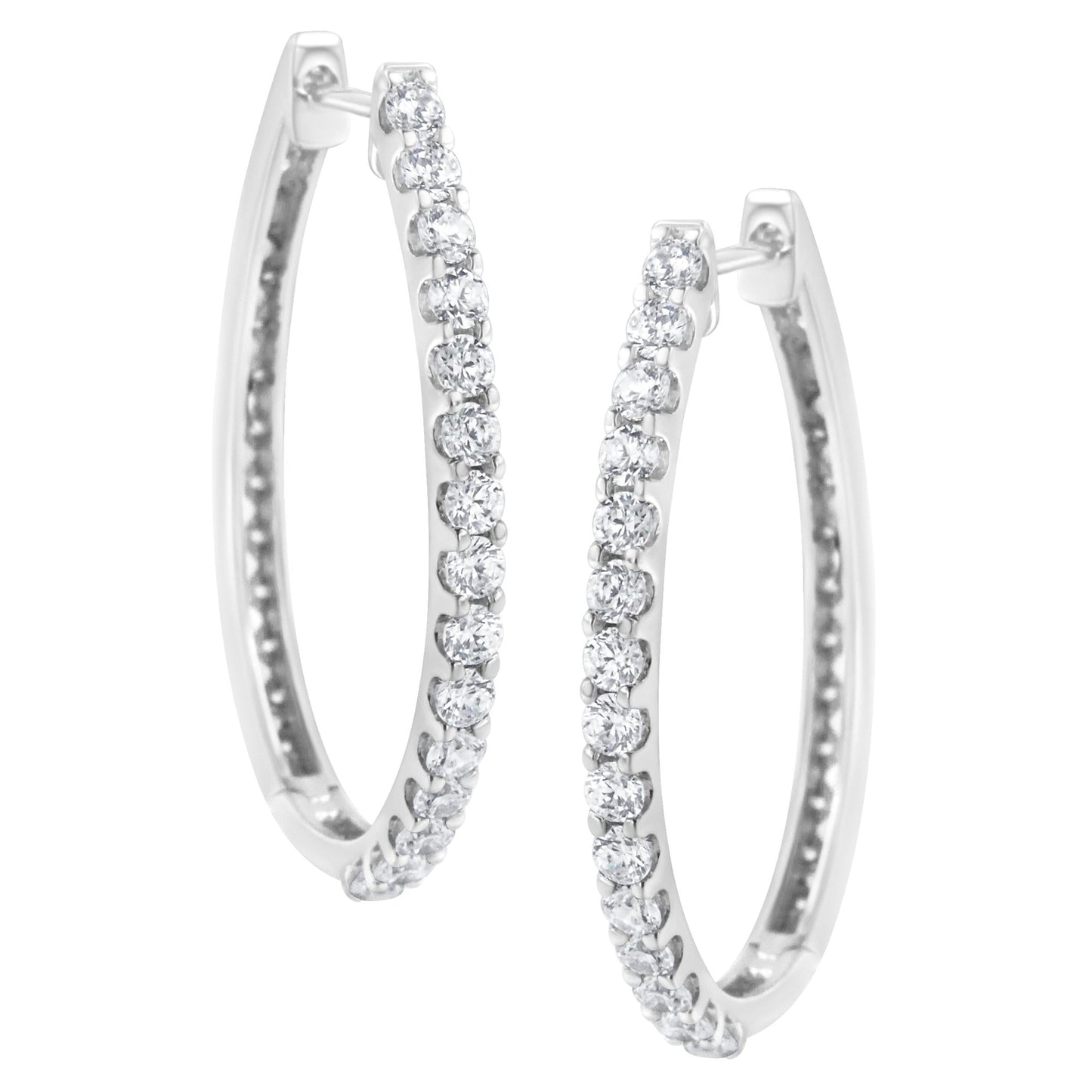 14K White Gold 2.0 Cttw Round Brilliant Cut Diamond Oblong Hinged Leverback Hoop Earrings (I-J Color, I1-I2 Clarity)