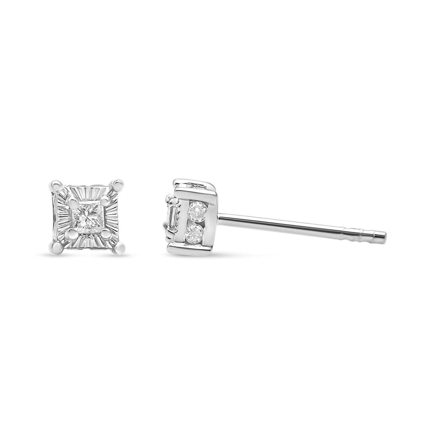 .925 Sterling Silver 1/4 Cttw Miracle Set Princess-Cut Diamond Solitaire Stud Earrings with Hidden Halo (I-J Color, SI2-I1 Clarity)