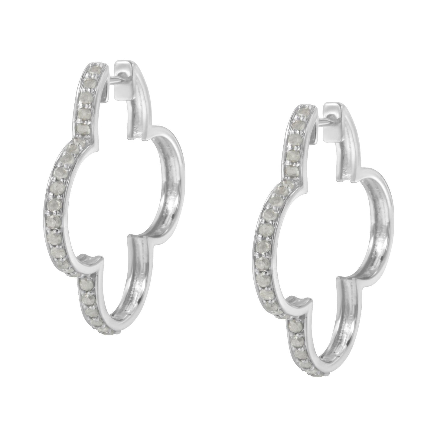 .925 Sterling Silver 1.0 cttw Diamond 4 Leaf Clover Shape Hoop Earrings(I-J Color, I3 Clarity)