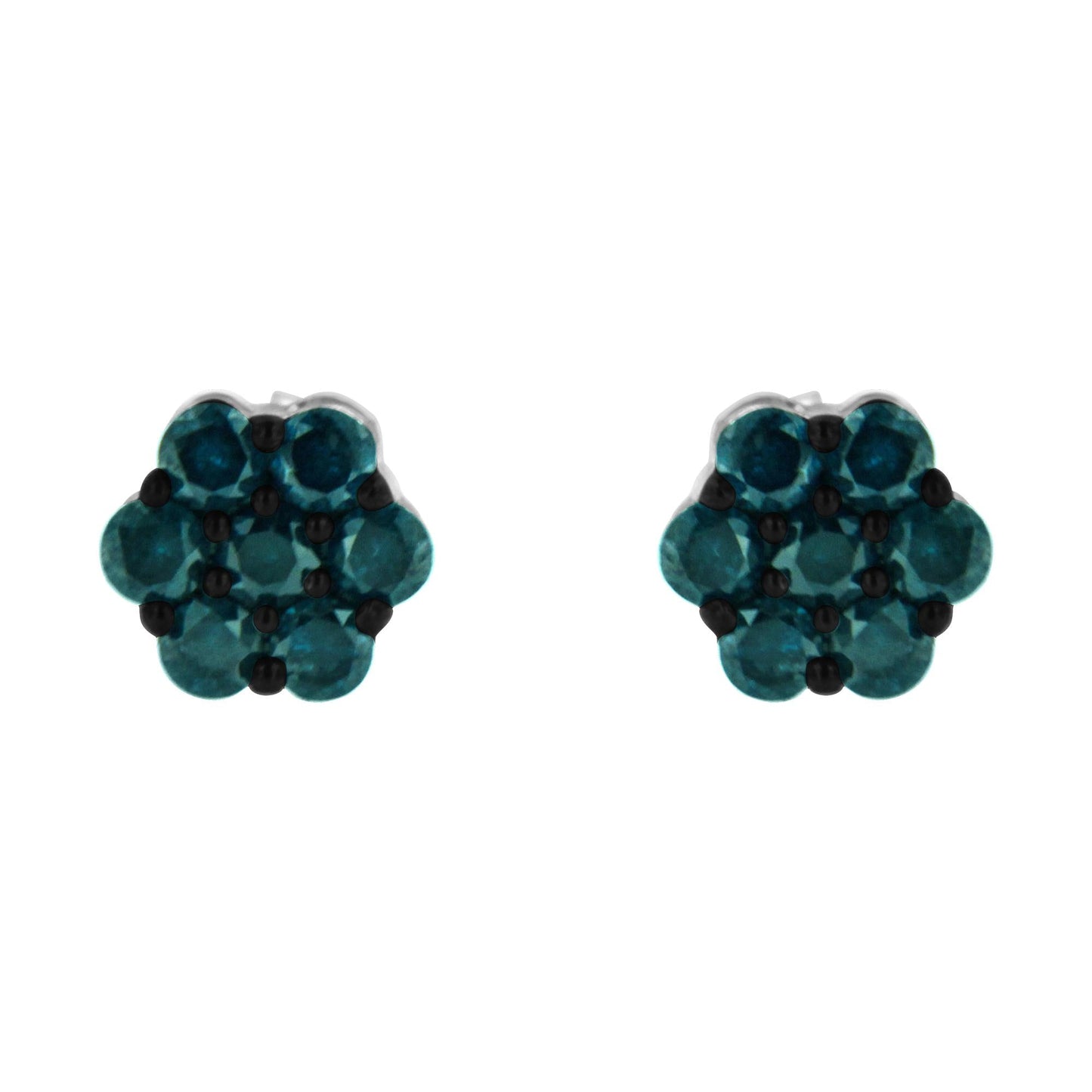 Sterling Silver Treated Blue Diamond Floral Stud Earrings (1 cttw, Blue Color, I2-I3 Clarity)