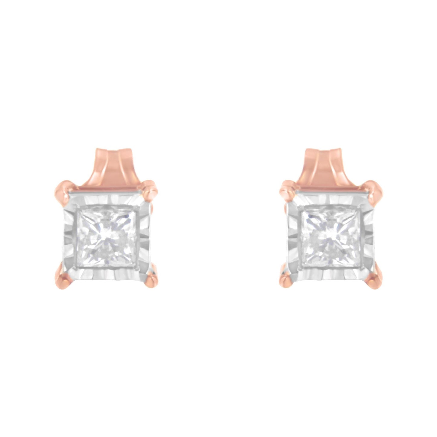 14K Rose Gold Plated Two-Tone .925 Sterling Silver 1/2 Cttw Princess-Cut Square Near Colorless Diamond Solitaire Miracle-Plate Stud Earrings (J-K Color, I2-I3 Clarity)