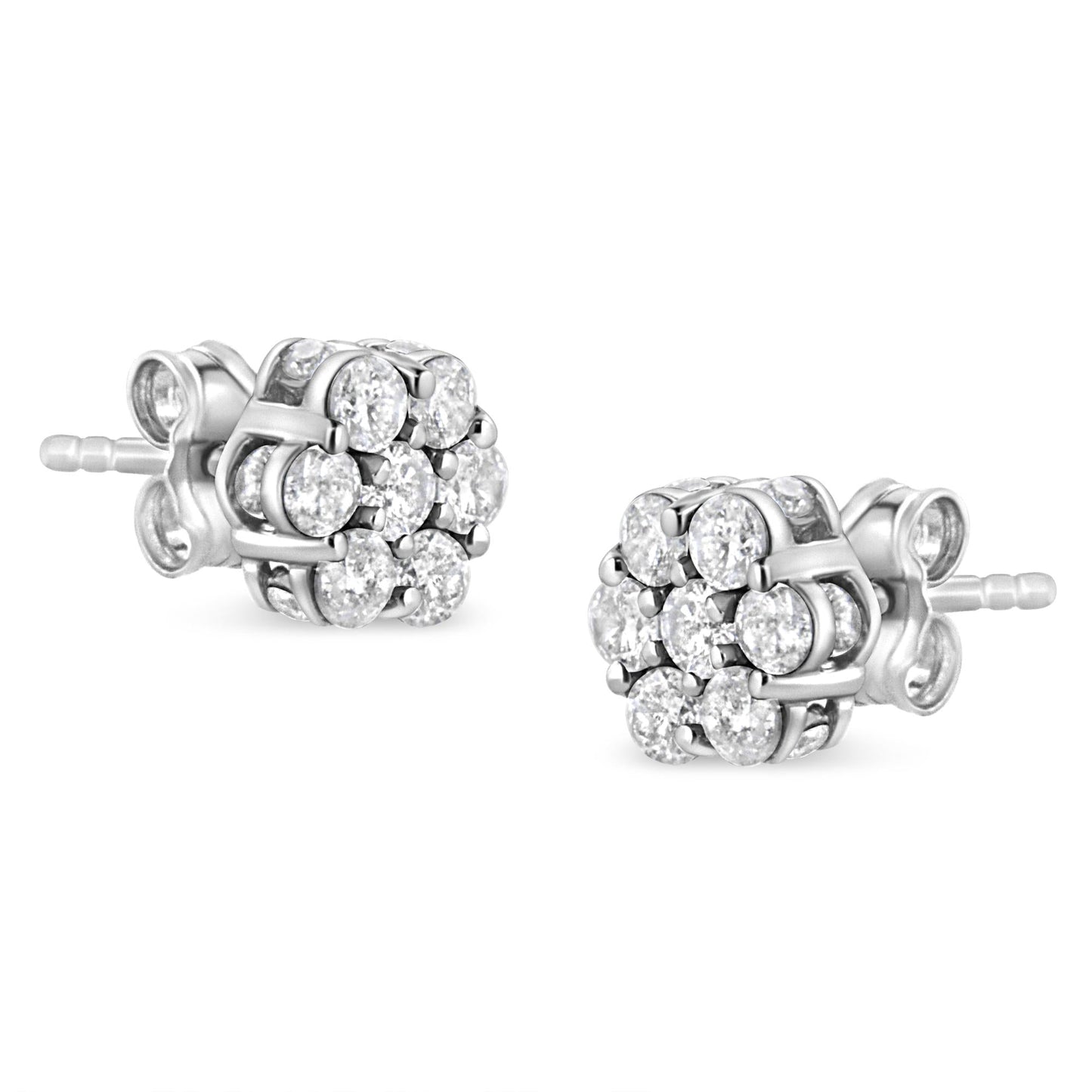 .925 Sterling Silver 1.0 Cttw Diamond Cluster 7 Stone Floral Stud Earring (I-J Color, I1-I2 Clarity)