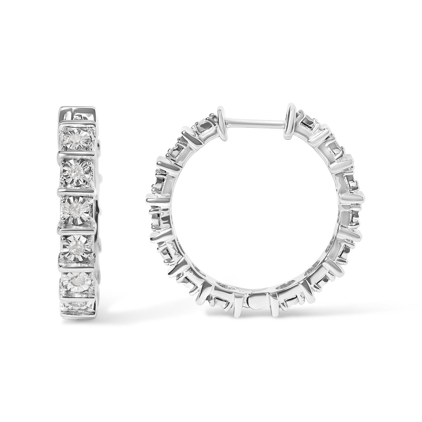 .925 Sterling Silver 1/2 Cttw Diamond Bar and Plate Eternity Hoop Earrings (I-J Color, I3 Clarity)