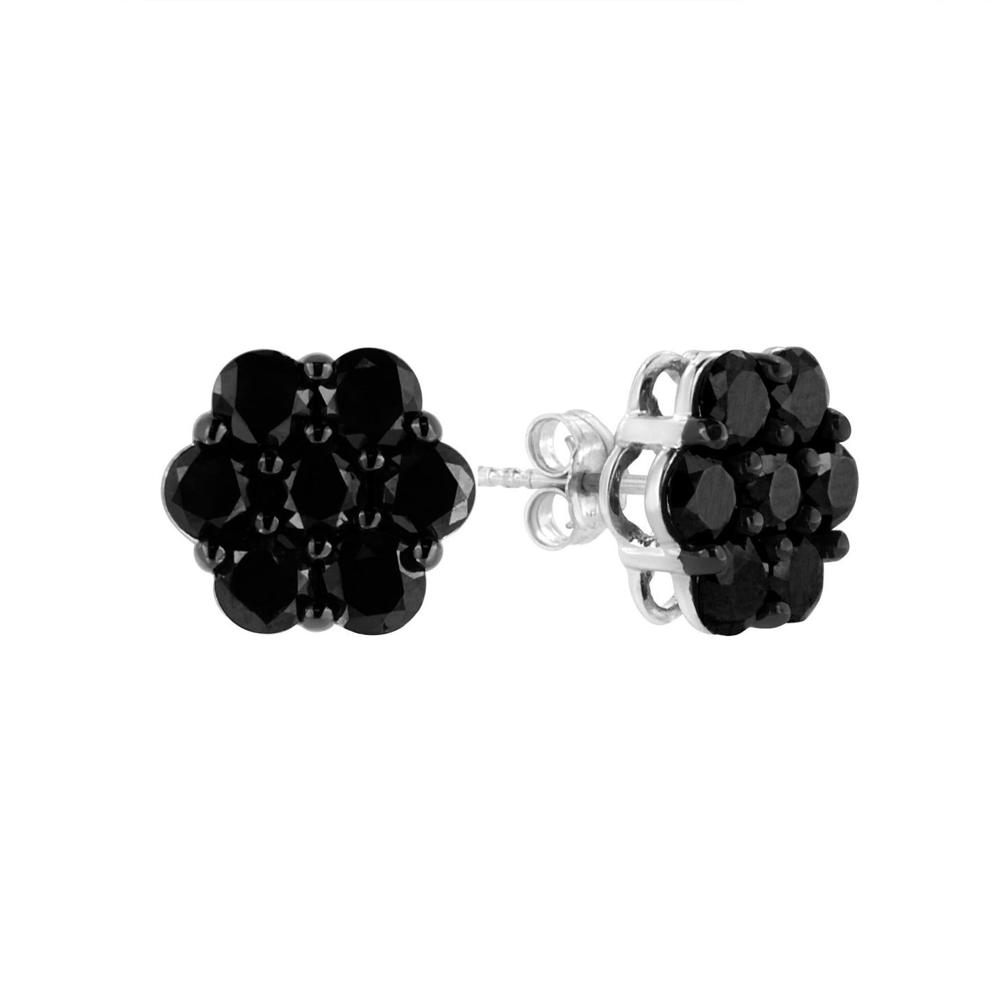 .925 Sterling Silver  Prong Set Round-Cut Treated Colored Diamond Floral Cluster Stud Earring - Choice of Diamond Colors and Total Weights