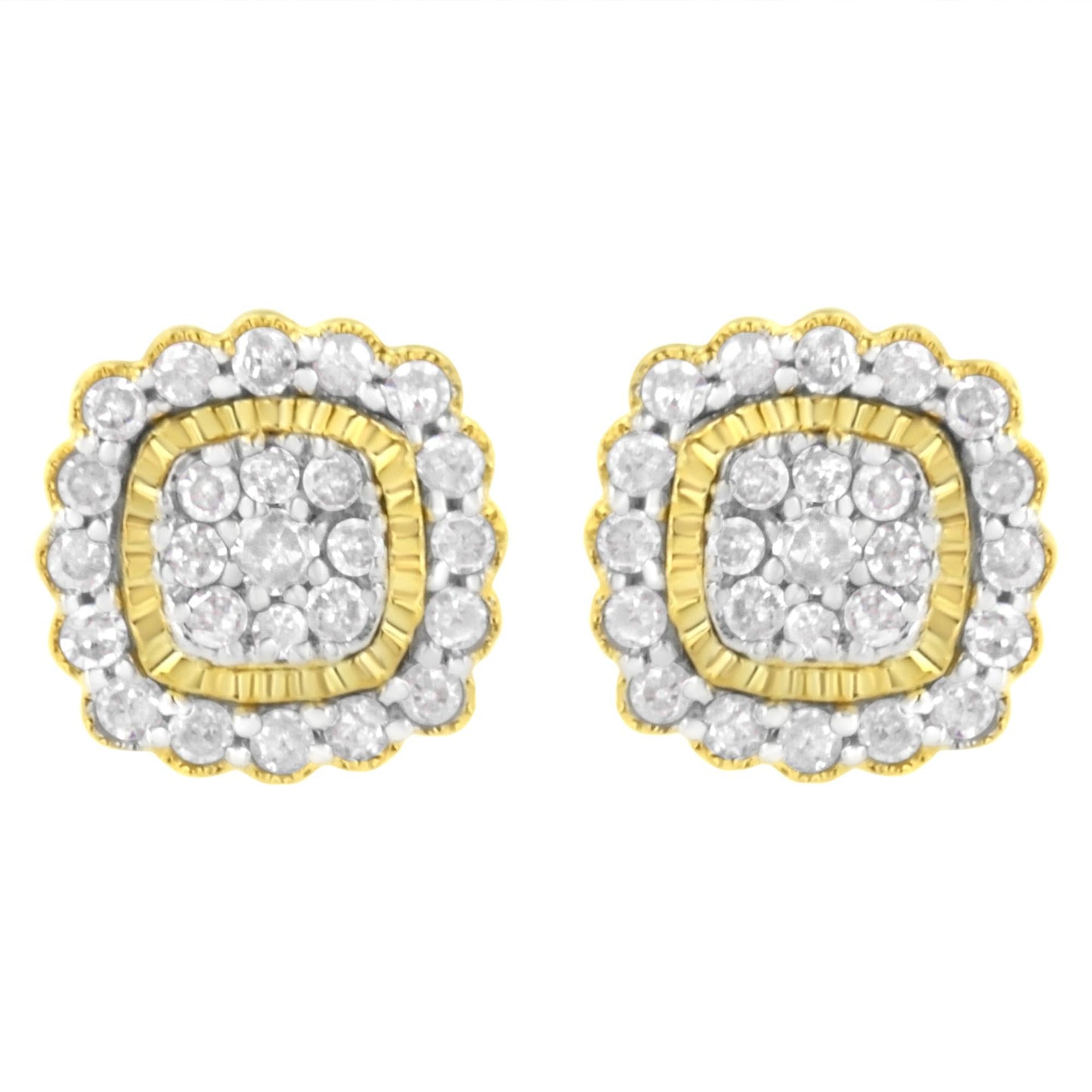 10K Yellow Gold Plated .925 Sterling Silver 1/2 cttw Round-Cut Diamond Halo Sunburst Stud Earrings (I-J Color, I2-I3 Clarity)