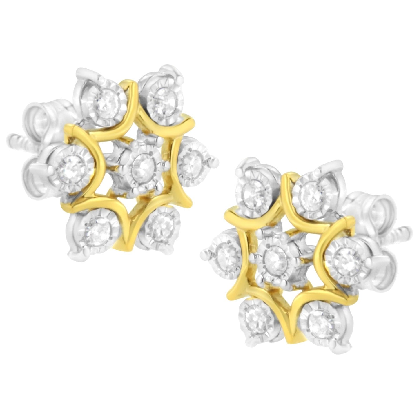 10K Yellow Gold Plated .925 Sterling Silver 1/4 Cttw Miracle Set Round-Cut Diamond Floral Earring (I-J Color, I2-I3 Clarity)