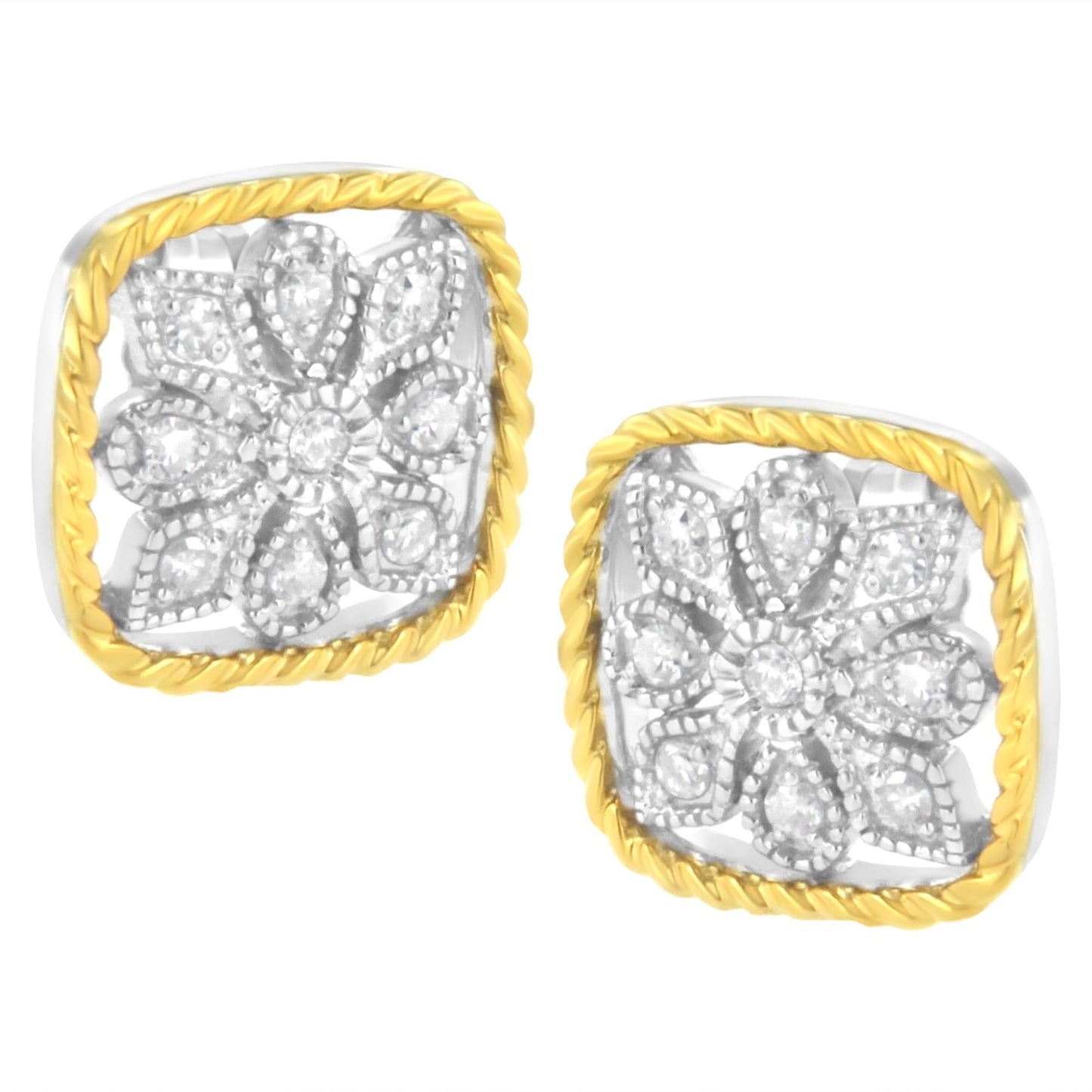 10K Yellow Gold Plated .925 Sterling Silver 1/4 cttw Diamond "Flower in a Box" Stud Earrings (I-J Color, I2-I3 Clarity)