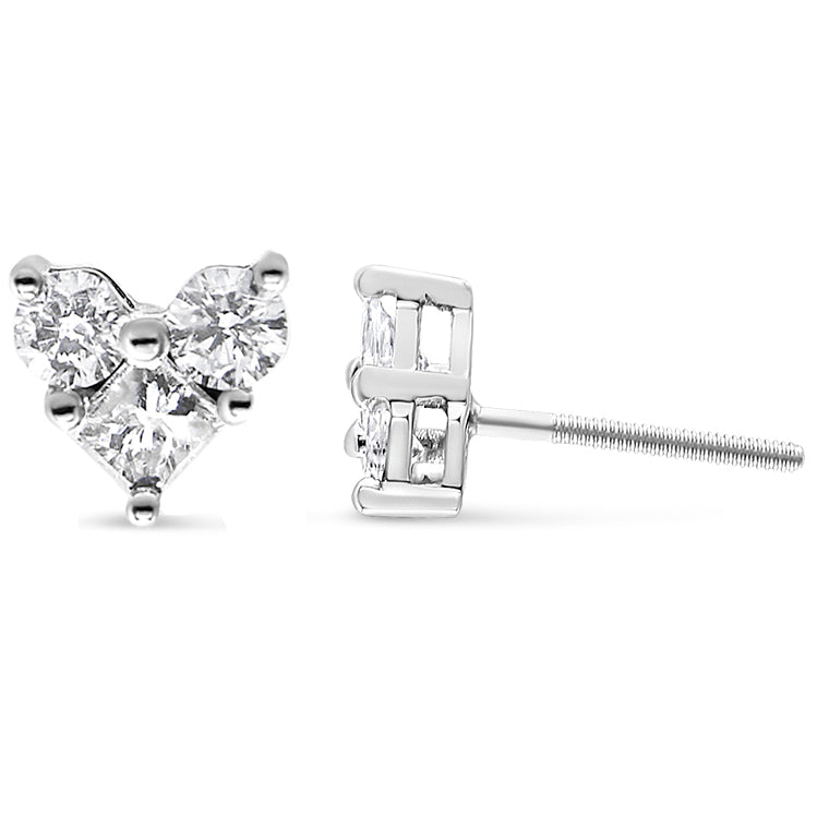 10K White Gold Diamond 3 Stone Trio Heart Stud Earring (I-J Color, I1-I2 Clarity)