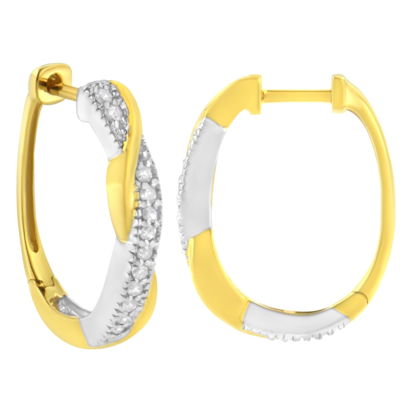 10K Yellow and White Gold Plated .925 Sterling Silver 1/4 cttw Pave Set Round-Cut Diamond Swirling Hoop Earring (I-J Color, I2-I3 Clarity)