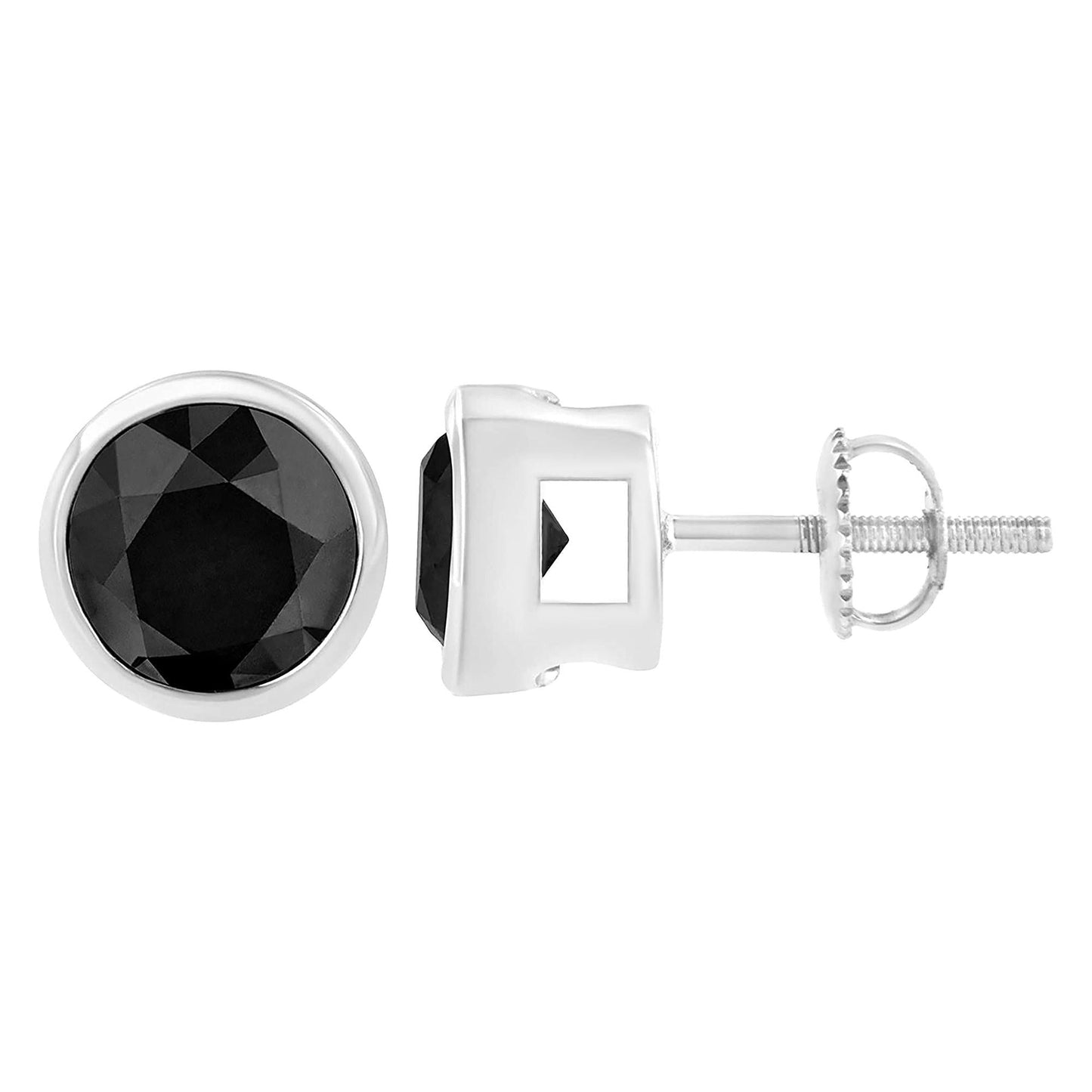 14K White Gold Round Brilliant-Cut Black Diamond Bezel-Set Stud Earrings with Screw Backs (Fancy Color-Enhanced, I2-I3 Clarity)