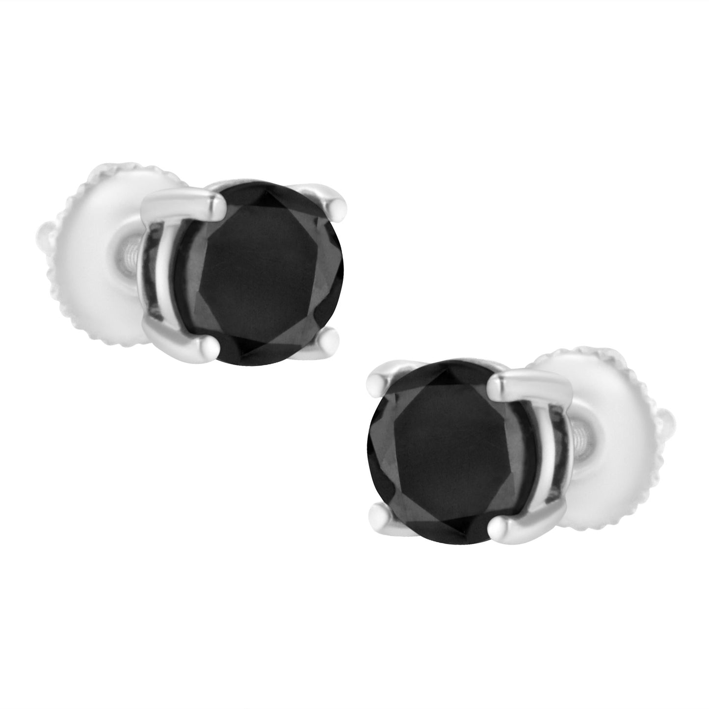 .925 Sterling Silver Round Brilliant-Cut Black Diamond Classic 4-Prong Stud Earrings with Screw Backs (Fancy Color-Enhanced, I2-I3 Clarity)