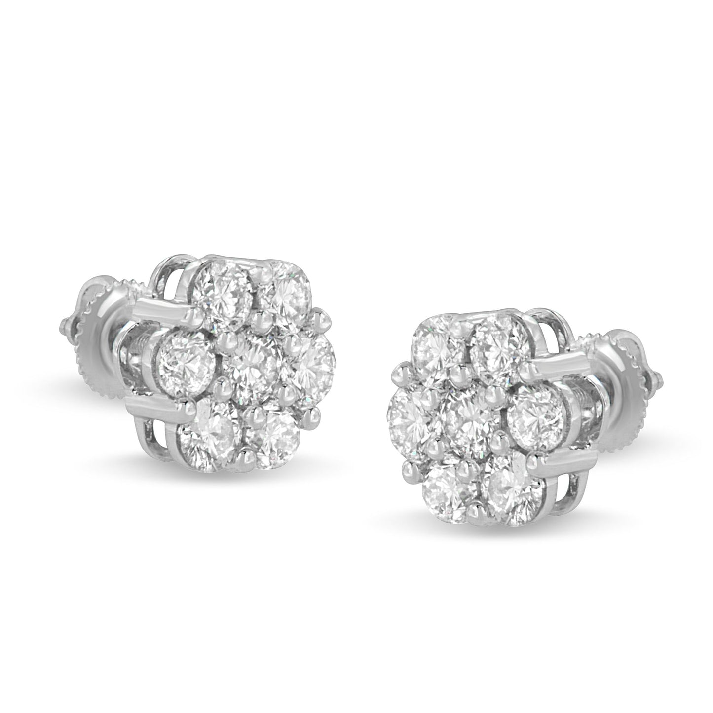 14K White Gold 3 cttw Prong Set Round-Cut Diamond Floral Cluster Stud Earring (I-J Color, SI1-SI2 Clarity)