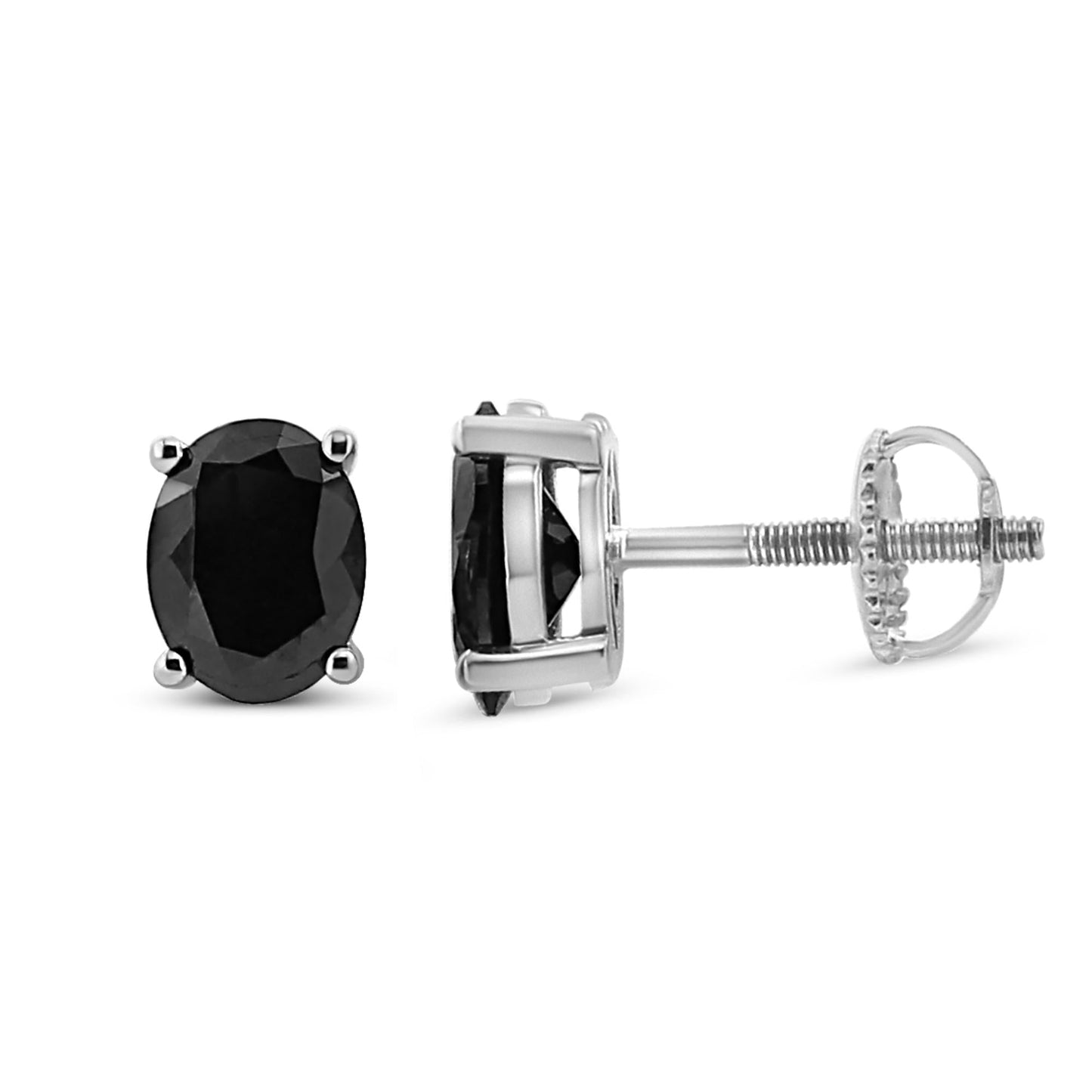 .925 Sterling Silver Prong Set Treated Black Oval Diamond Stud Earring (Black Color, I2-I3 Clarity)