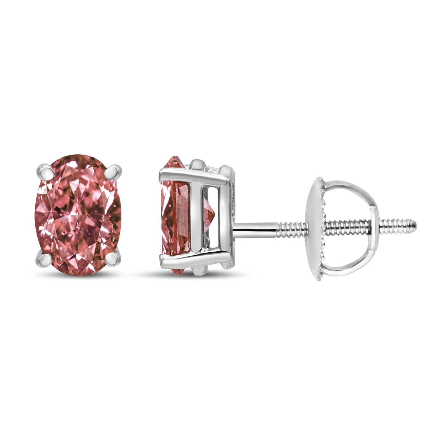 14K White Gold Lab Grown Pink Oval 4 Prong Set Classic Diamond Solitaire Stud Earrings (Pink Color, VS2-SI1 Clarity)