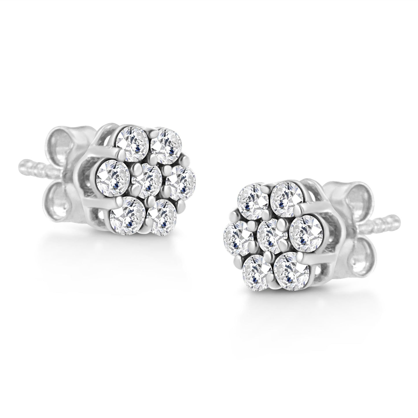 14K White Gold 1/2 Cttw Prong Set Round-Cut Diamond Flower Stud Earring (H-I Color, I1-I2 Clarity)