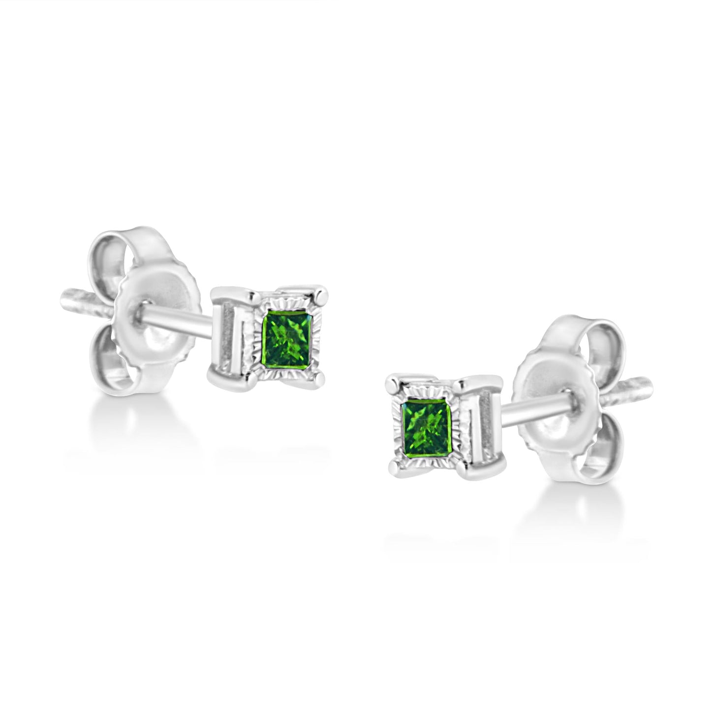 .925 Sterling Silver 1/10 Cttw Miracle Set Princess-Cut Treated Green Diamond Stud Earrings (Green Color, I1-I2 Clarity)