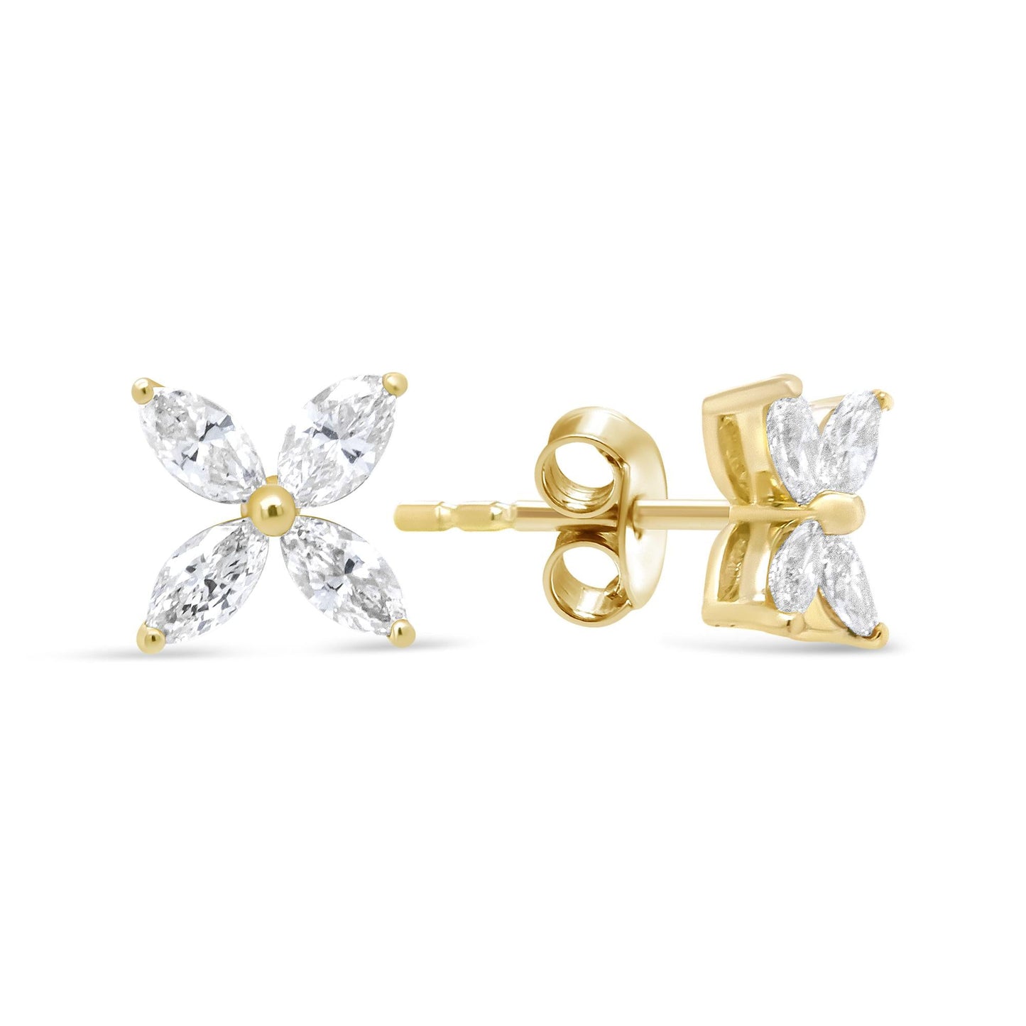 14K Gold Marquise Diamond 8 Stone Floral Leaf Stud Earrings (I-J Color, SI2-I1 Clarity)