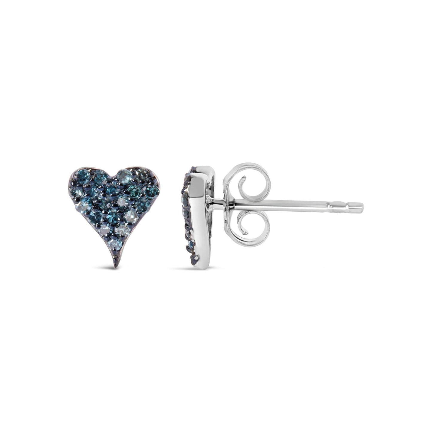 925 Sterling Silver 1/10 Cttw Blue Diamond Heart Shaped Stud Earrings (Blue Color, I3 Clarity)