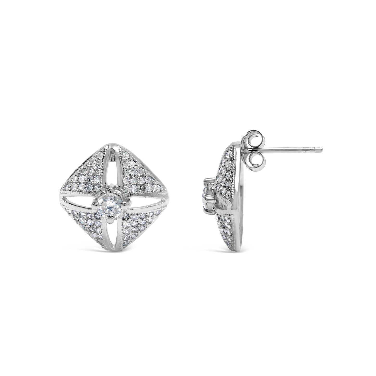 .925 Sterling Silver 1.0 Cttw Diamond Studded Rhombus Stud Earring (H-I Color, I2-I3 Clarity)