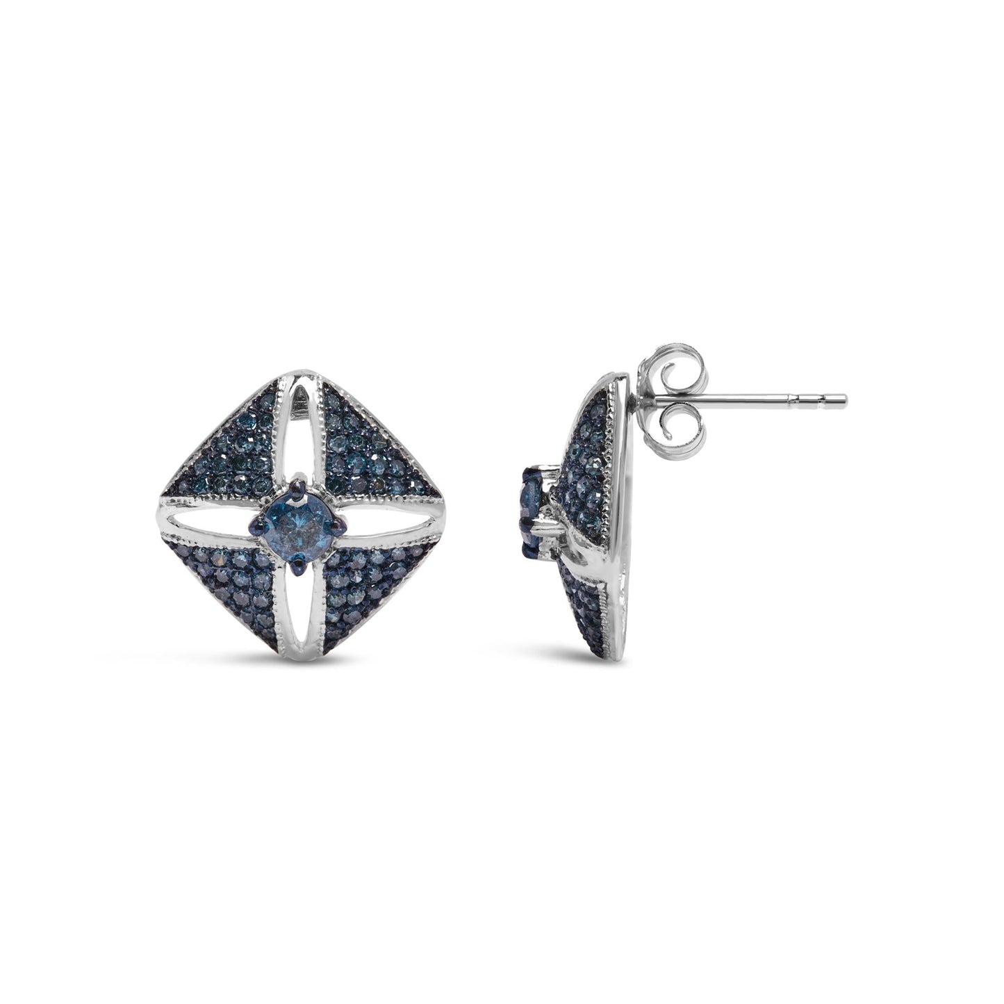 .925 Sterling Silver 1.0 Cttw Blue Diamond Studded Rhombus Stud Earring (Blue Color, I2-I3 Clarity)