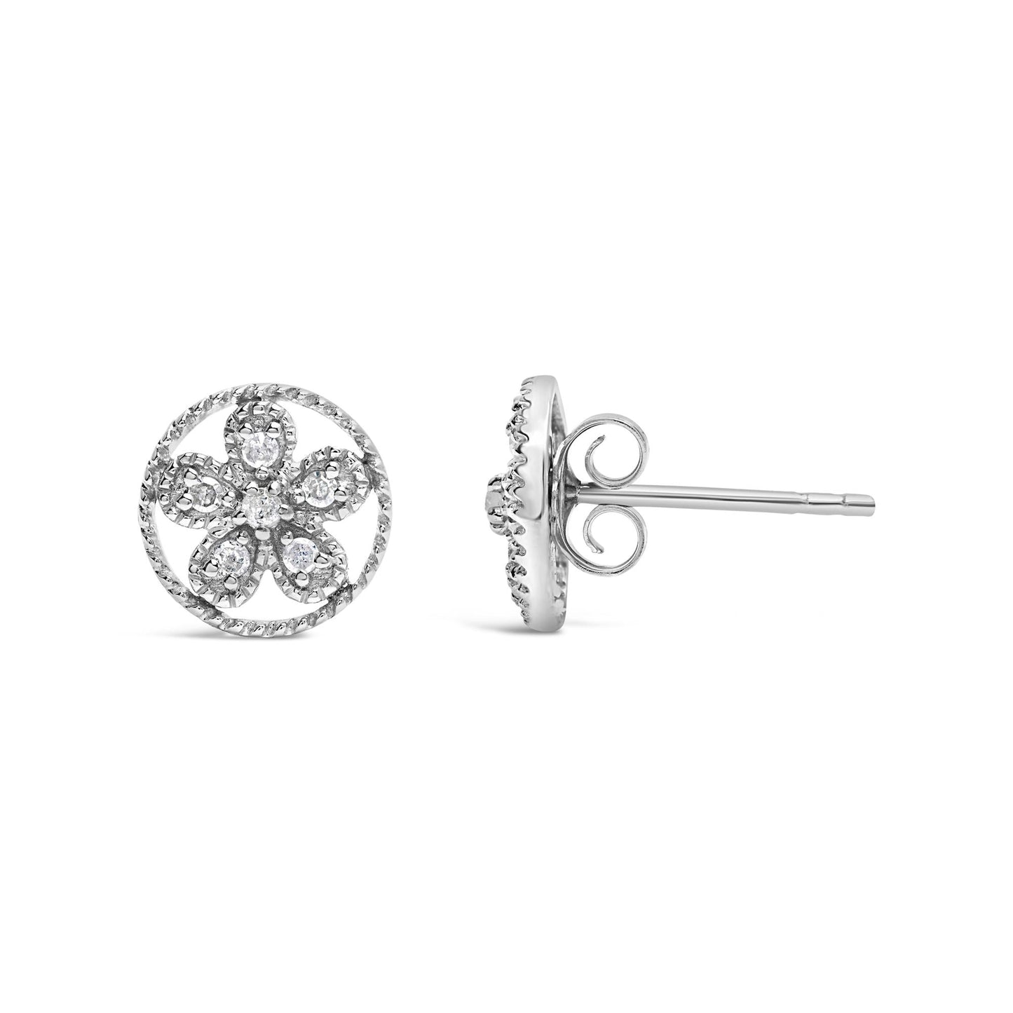 .925 Sterling Silver Diamond Accent Star and Wheel Milgrain Style Stud Earrings (I-J Color, I2-I3 Clarity)